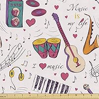 Vista 173 de Ambesonne Tela de Fiesta Popstar por Yarda, Estilo de Dibujos Animados Garabatos Dibujados a Mano Tema Musical Impresión de Arte Lineal, Tela