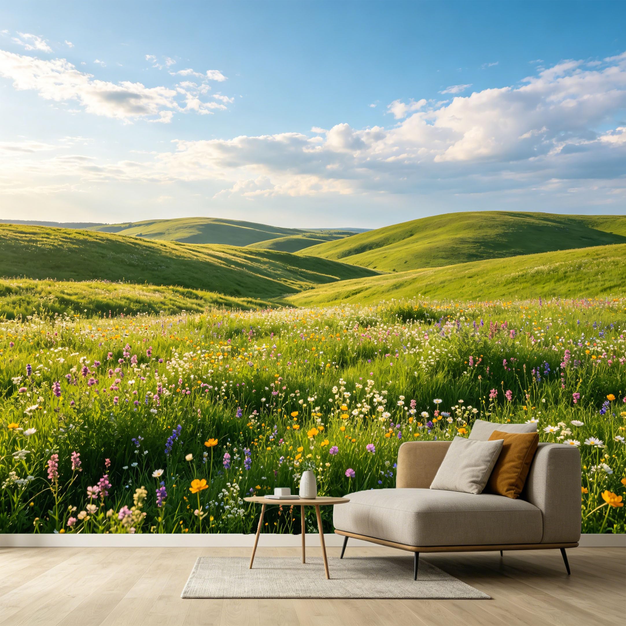Custom Size Wall Murals Rolling Hills Botanical Landscape Sunlight Meadow Spring Floral Scene SelfAdhesive Wall Fabric Removable Large Wallpaper for Photo Living Room