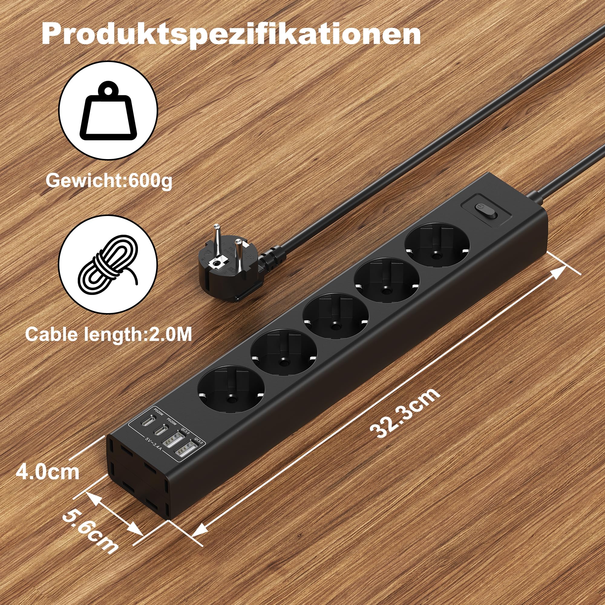 Multiprise 5 prises - Montage sous table - 2USB-C (PD20W) + 2USB-A (QC3.0 18 W) - 4000 W - Multiprise à monter sous le meuble avec interrupteur de protection contre les surcharges - Solution de