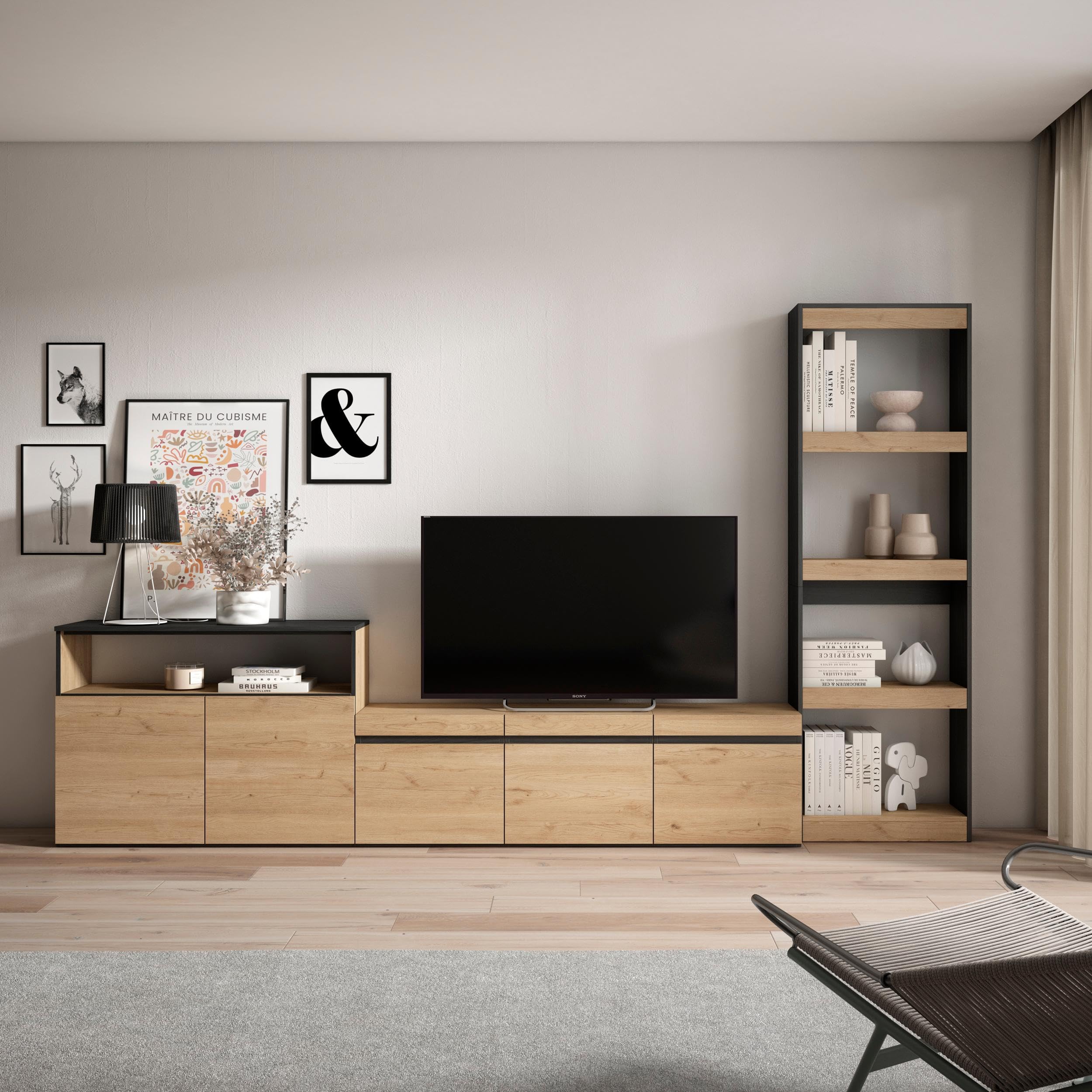 Skraut Home - Parete Attrezzata Moderna Per Soggiorno Con TV Fino A 65", Colore Cemento - Foto 8