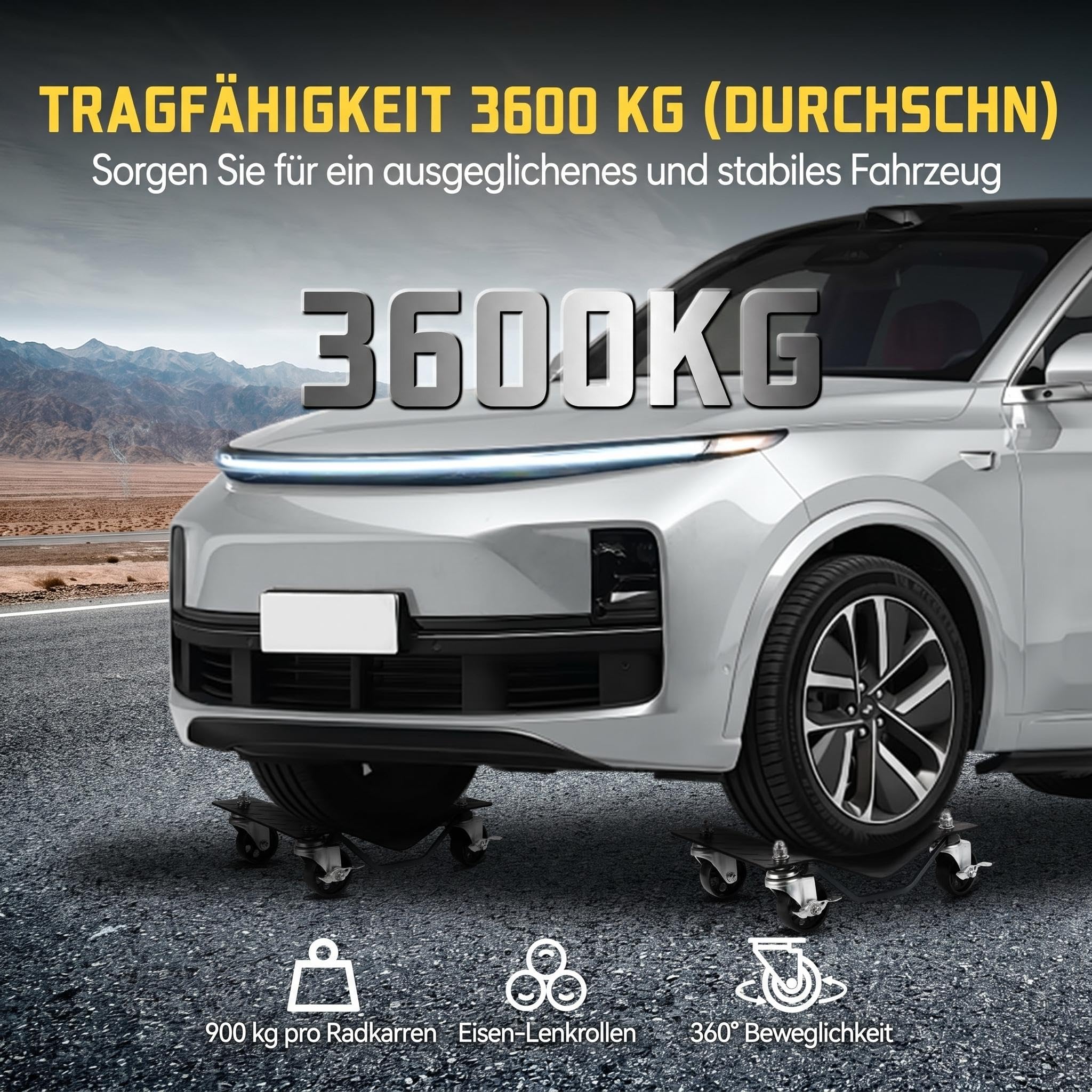 4 Stück Rangierhilfe Set bis 3600 kg Belastbar, Rangierroller aus Stahl, Wagenheber mit 360°-Lenkrollen und Feststellbremsen, rutschfeste Oberfläche, Rangierheber für PKWs Autos LKWs