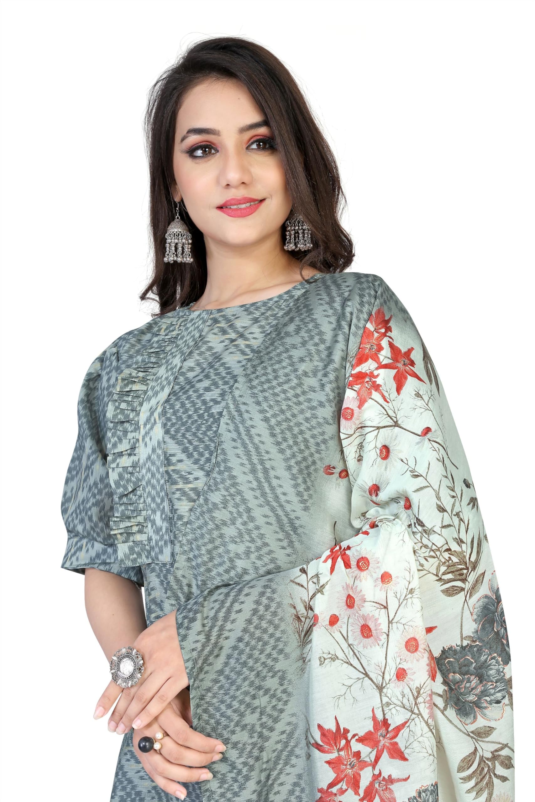 Etalica Grey Color Sentosa Modal Ikat Print Round Neck Kurti with Dupatta
