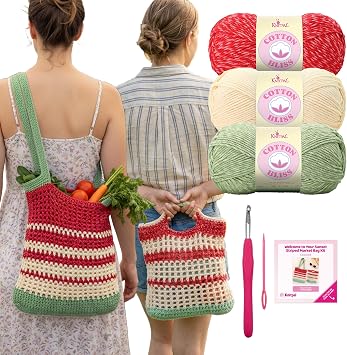 KnitPal Sunset Striped Market Bag Crochet Kit for Beginners | Crochet Tote Bag Kit for Adult Beginners with #4 Worsted Weight Cotton Yarn, Crochet Hook, 2 Patterns & Video Tutorial
