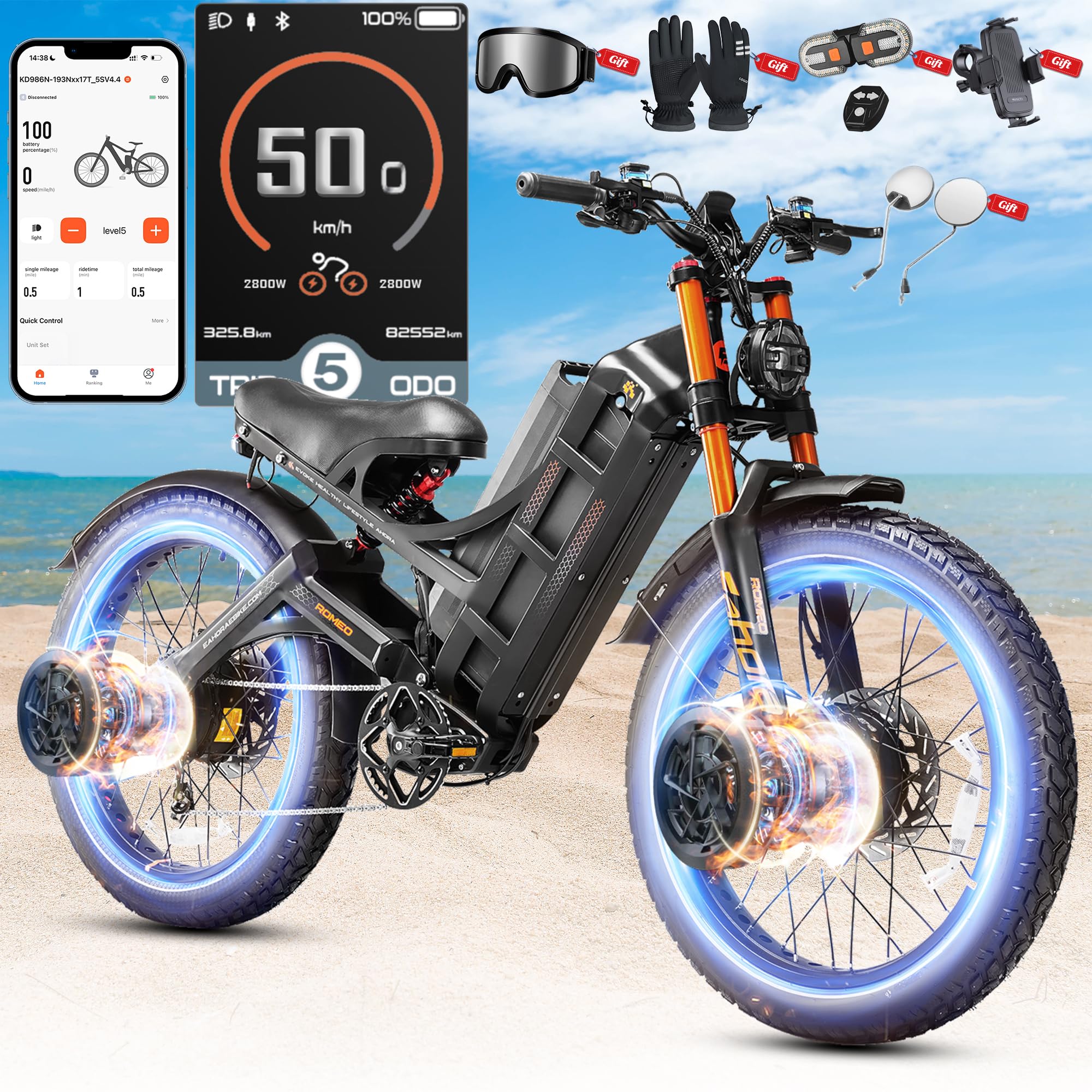 2026 eAhora Romeo Pro 3/2 50-46Mph Electric Bike for Adults 5600W/4000W Dual Motor Ebike 60V 80AH/52v 70Ah Battery 200-235Miles Long Range, 26*4.0"
