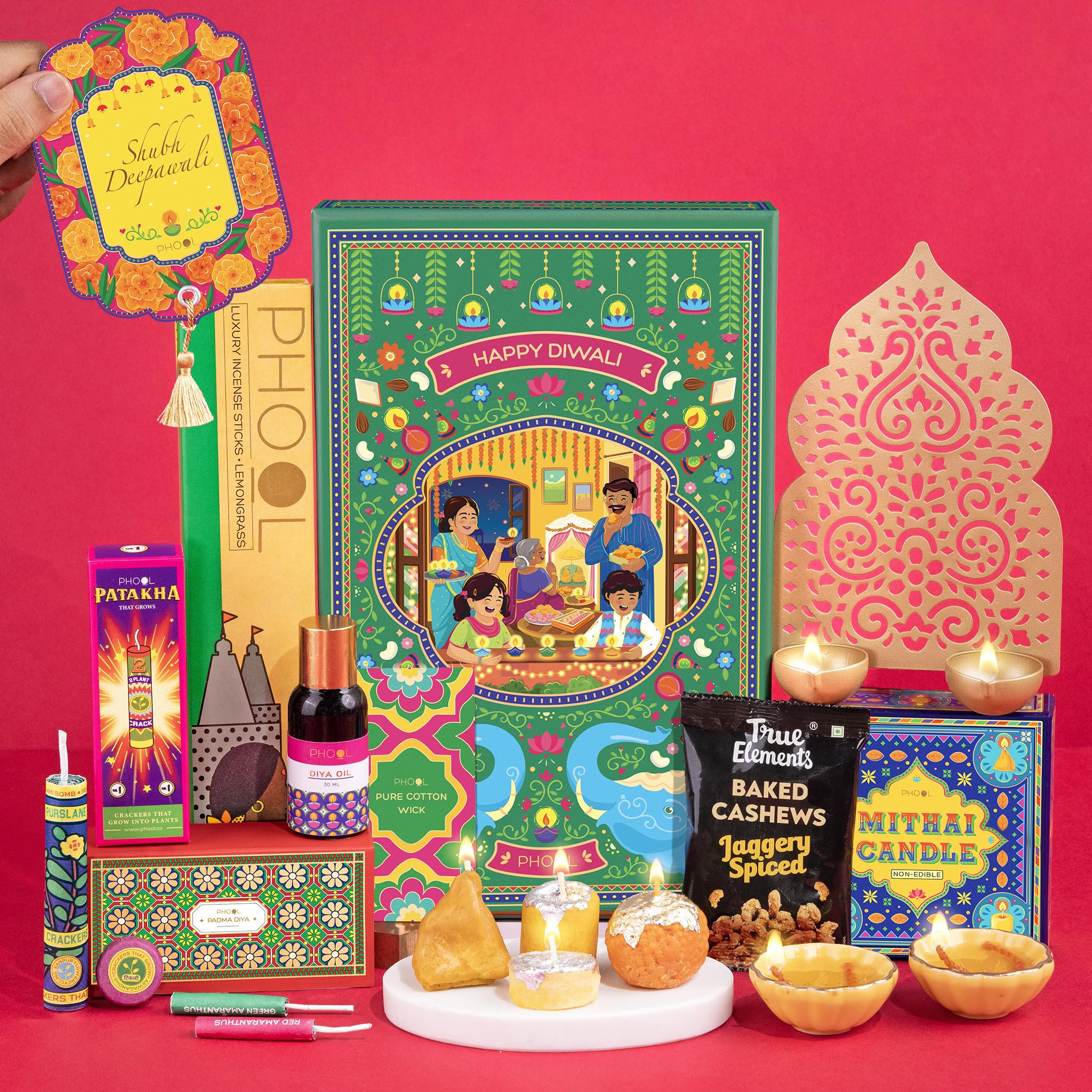 Phool Diwali Magic Gift Hamper - Pack of 9 Contains agarbatti with Wooden Holder, Mithai Candles Box,Padma diyas, Plantable pataka, Diya Oil, Brass Wall Diya Holder, Wick, Diwali Card,Cashew Mix (15g) diwali giftbox (B0DFWDG5YG) Amazon Price History, Amazon Price Tracker