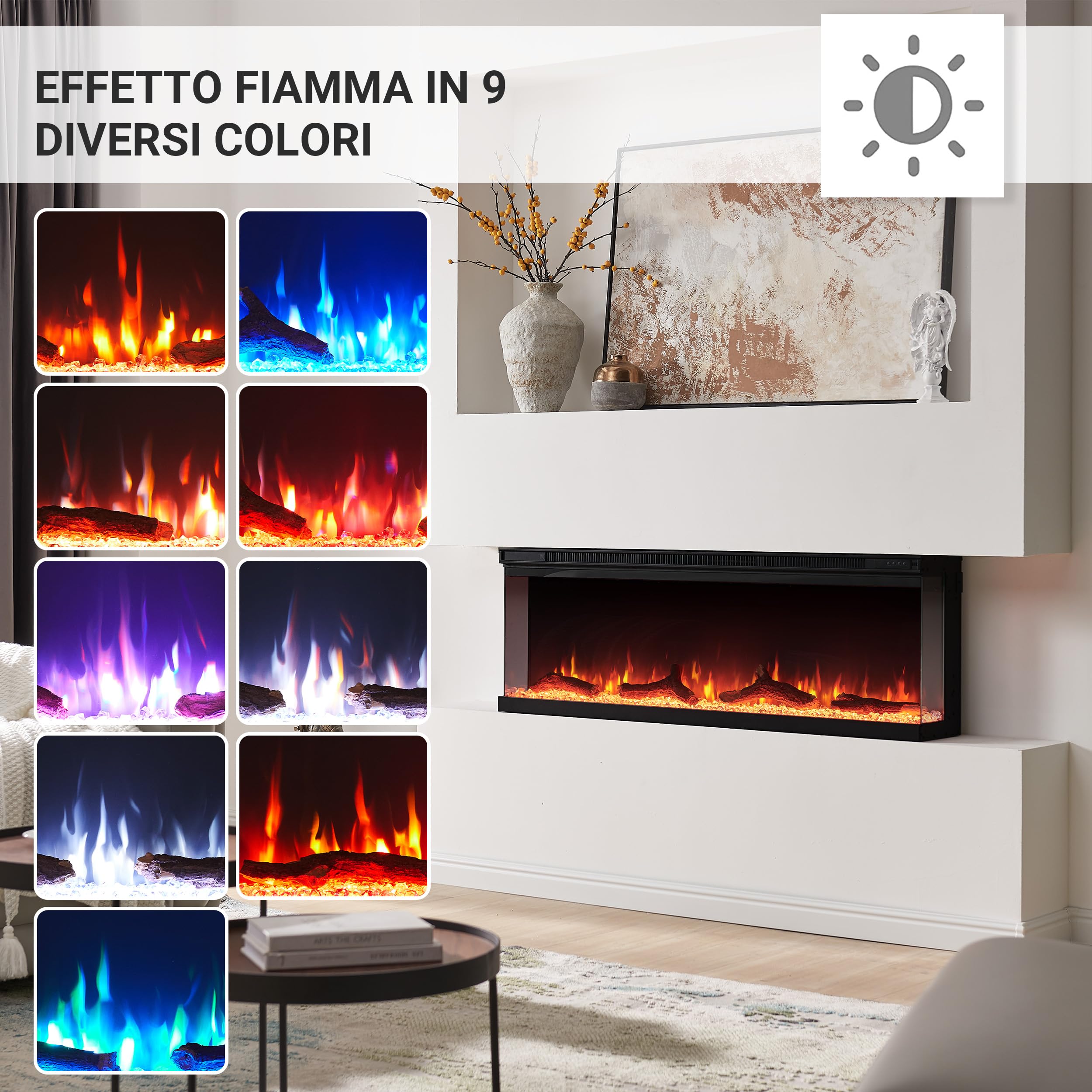 Camino elettrico BALDERIA Orson 50" | Camino elettrico da parete/incasso, effetto fiamma 3D LED, intensità variabile, riscaldamento 1800 W, timer, termostato, telecomando | nero