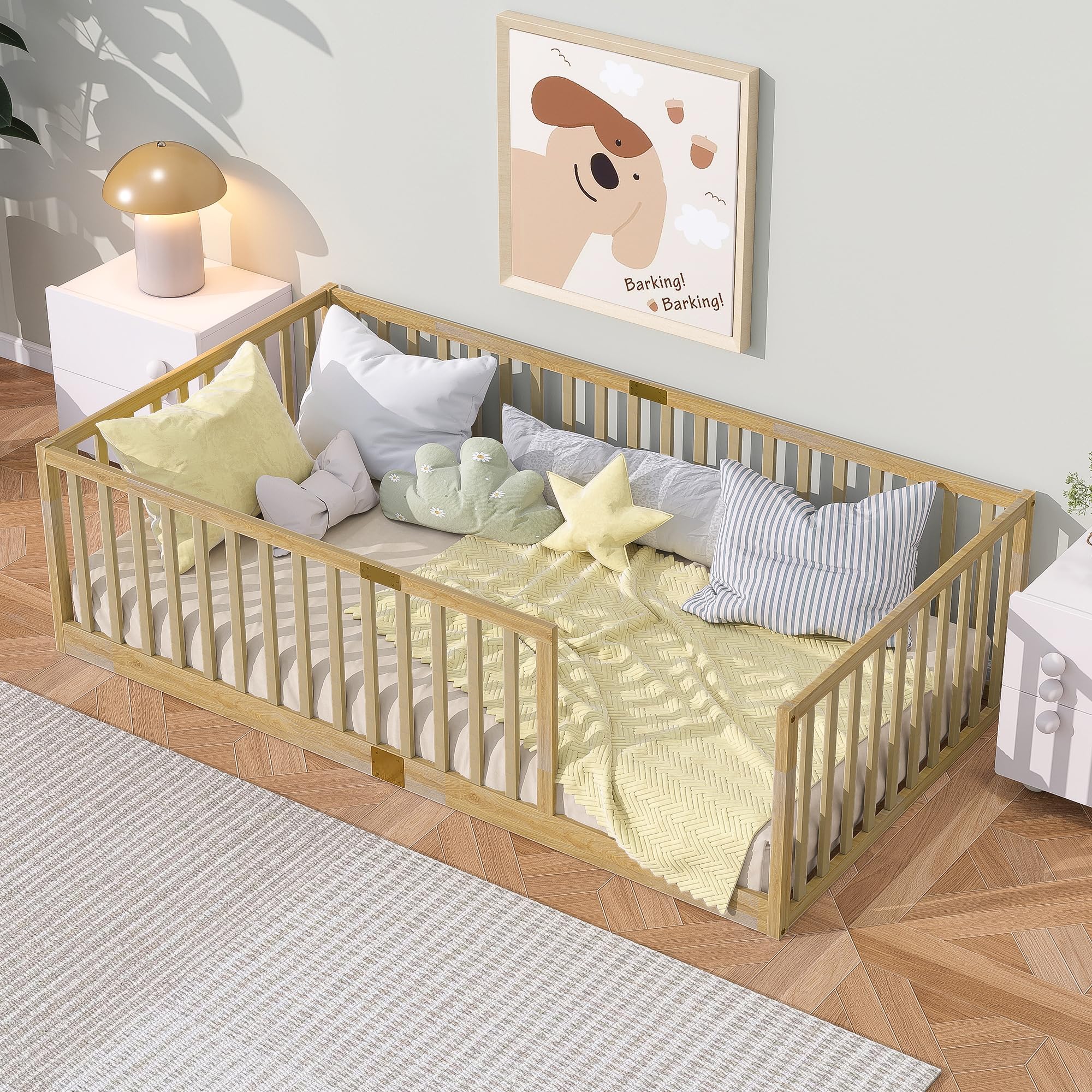 Twin Size Floor Bed with 21.5" High Rails, Solid Rubber Wood Montessori Bed Twin for Boys Girls, Low Profile Kids Beds Frame with 6 Slats, No Box Spring Needeed, Natural