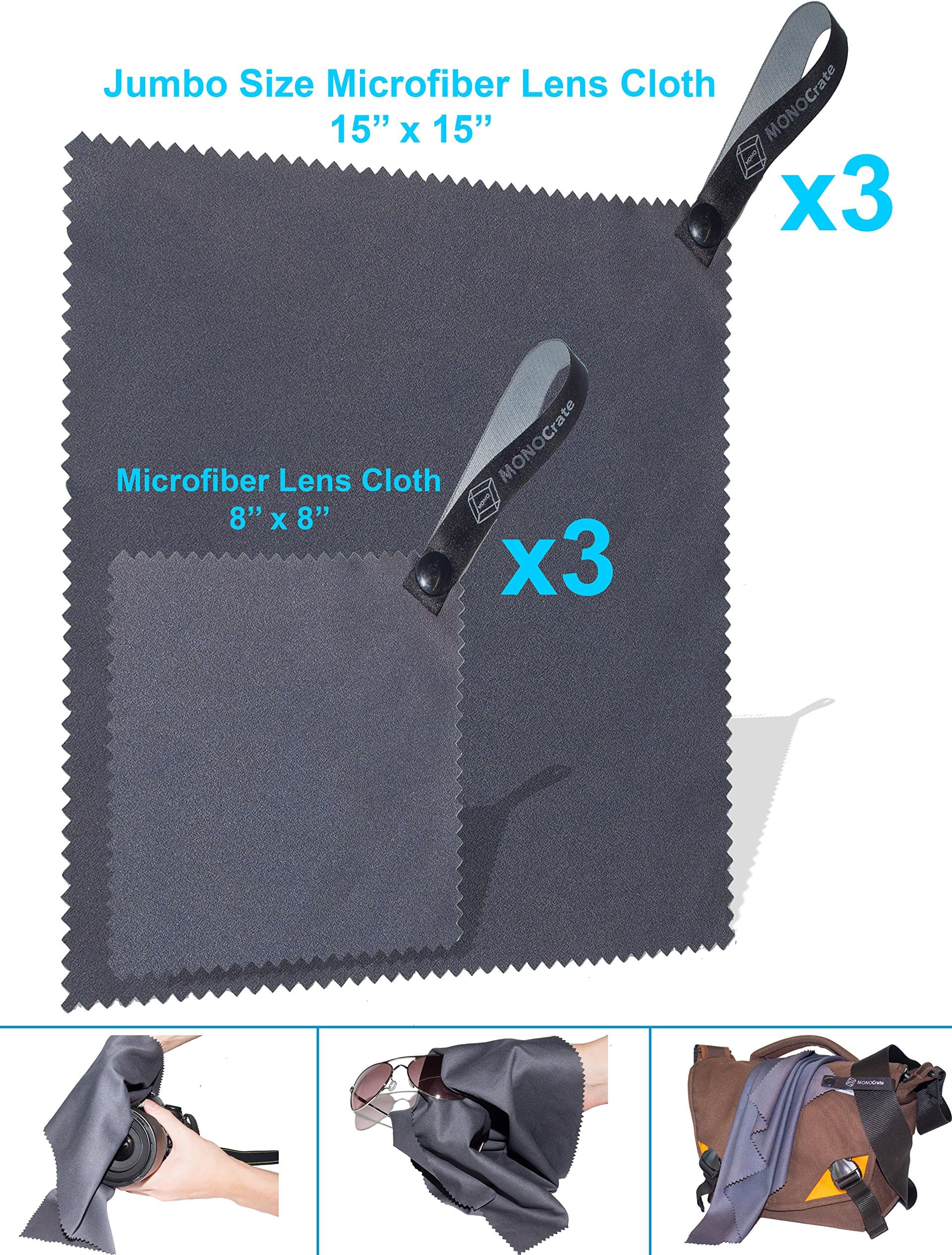 (6 Pack) Extra Large Eyeglasses Microfiber Cleaning Cloth with Quick Release Strap - For Spectacle, Sunglass, Camera Lens, Tablet, TV Screen and Delicate Surfaces (3 Grey 15x15'', 3 Grey 8x8'')