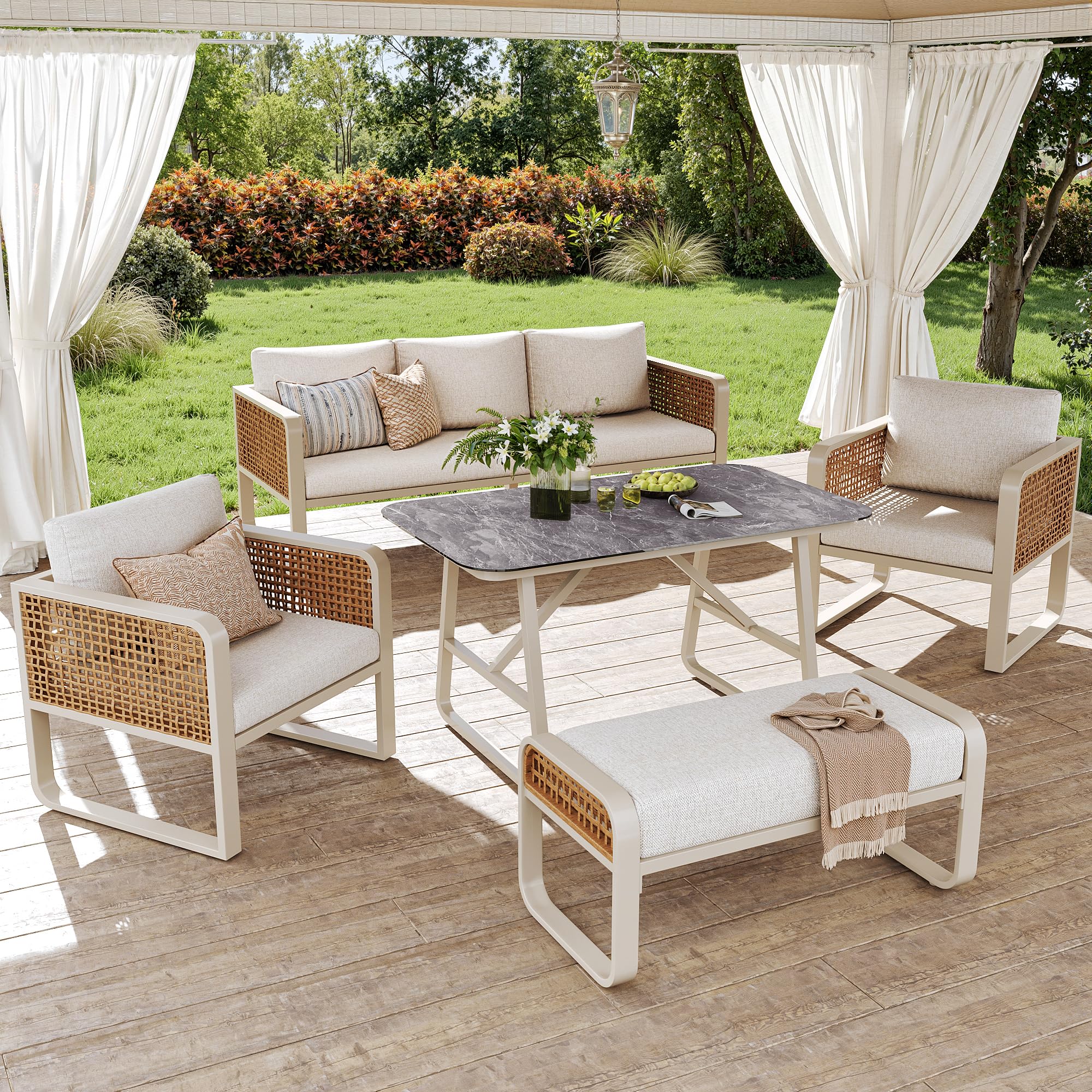 Merax Gartenmöbel Set 6-7 Personen, Gartenlounge Lounge Set aus Metallrahmen & PE-Rattan, Balkonmöbel Outdoor Sitzgruppe mit Tisch & Kissen, Kombinierbar Gartensofa-Set, Wetterfest für Terrasse, Beige