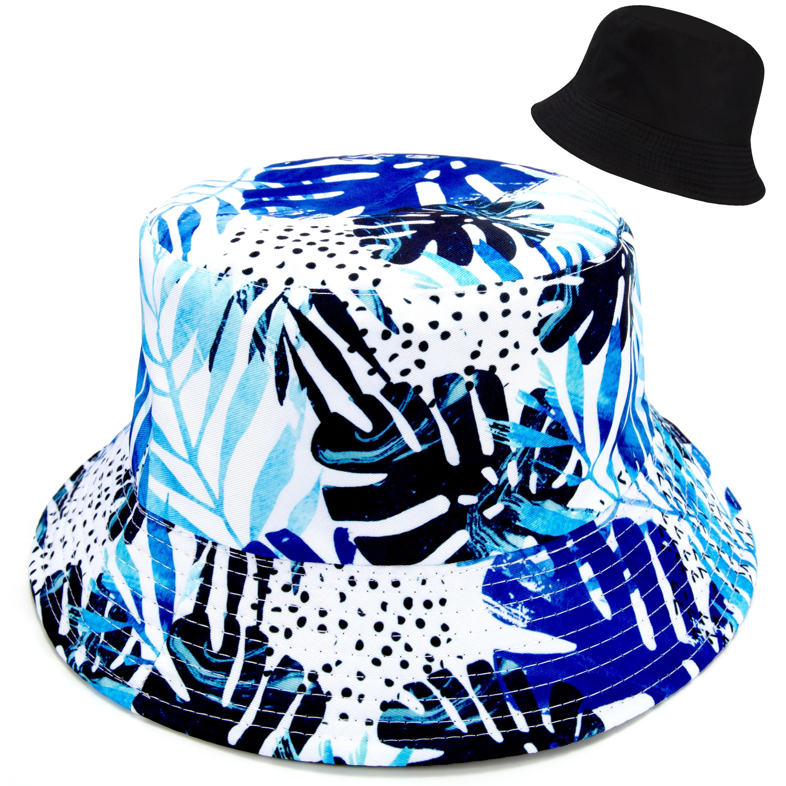 Newellsail Sombrero de Pescador Algodón Plegable Reversible Gorros de Pescador Aire Libre Unisex Sombrero Bucket Hat para Excursionismo Viaje Pescar, Estampado de Árbol de Coco Blanco y Azul (56-58cm)