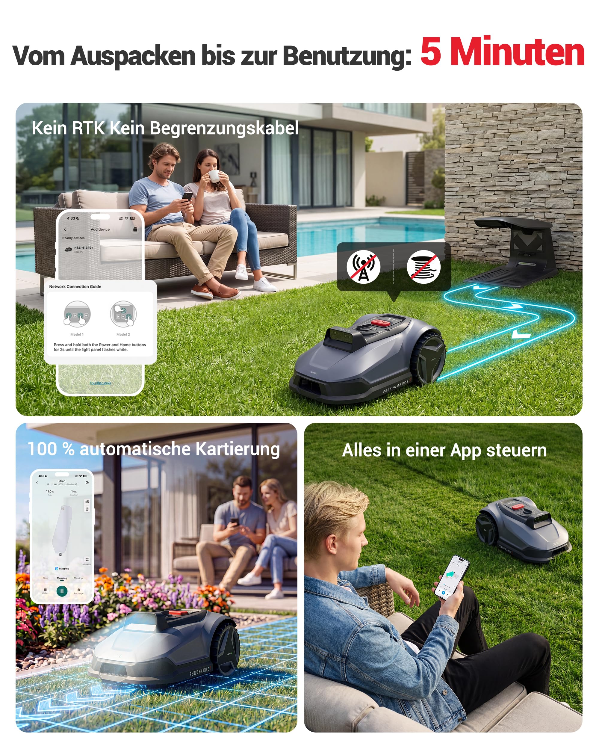 Natural Expressions Performance 7 Mähroboter ohne Begrenzungskabel mit Garage, 500m² Rasenmäher kein RTK mit Vision 3.0 KI-Navigation, 5-Min-Installation, Hindernisvermeidung, Igelschutz