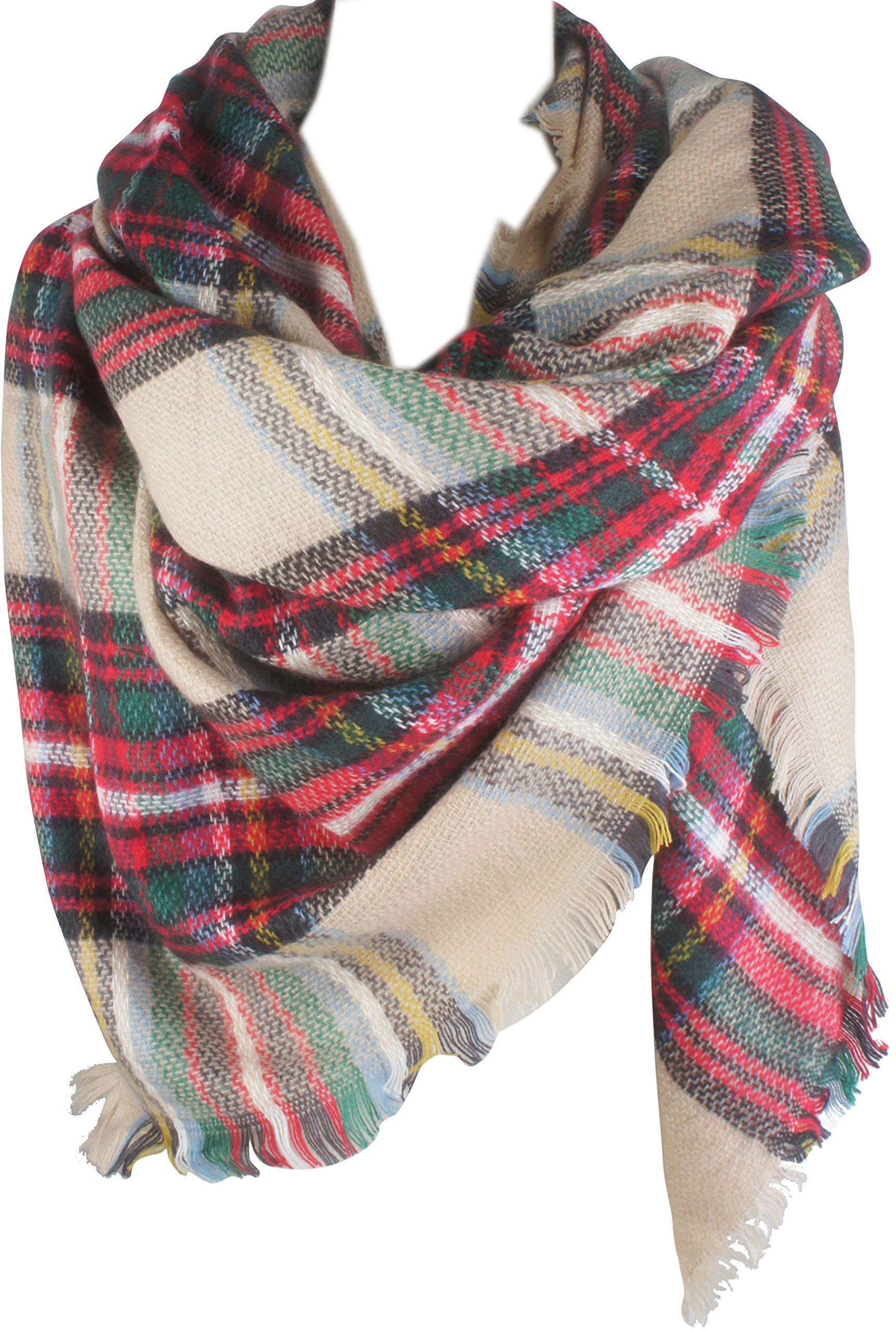 VIVIAN & VINCENT Women's Fall Winter Scarf Classic Tassel Plaid Tartan Scarf Warm Soft Chunky Large Blanket Wrap Shawl Scarves Christmas Red Green Beige