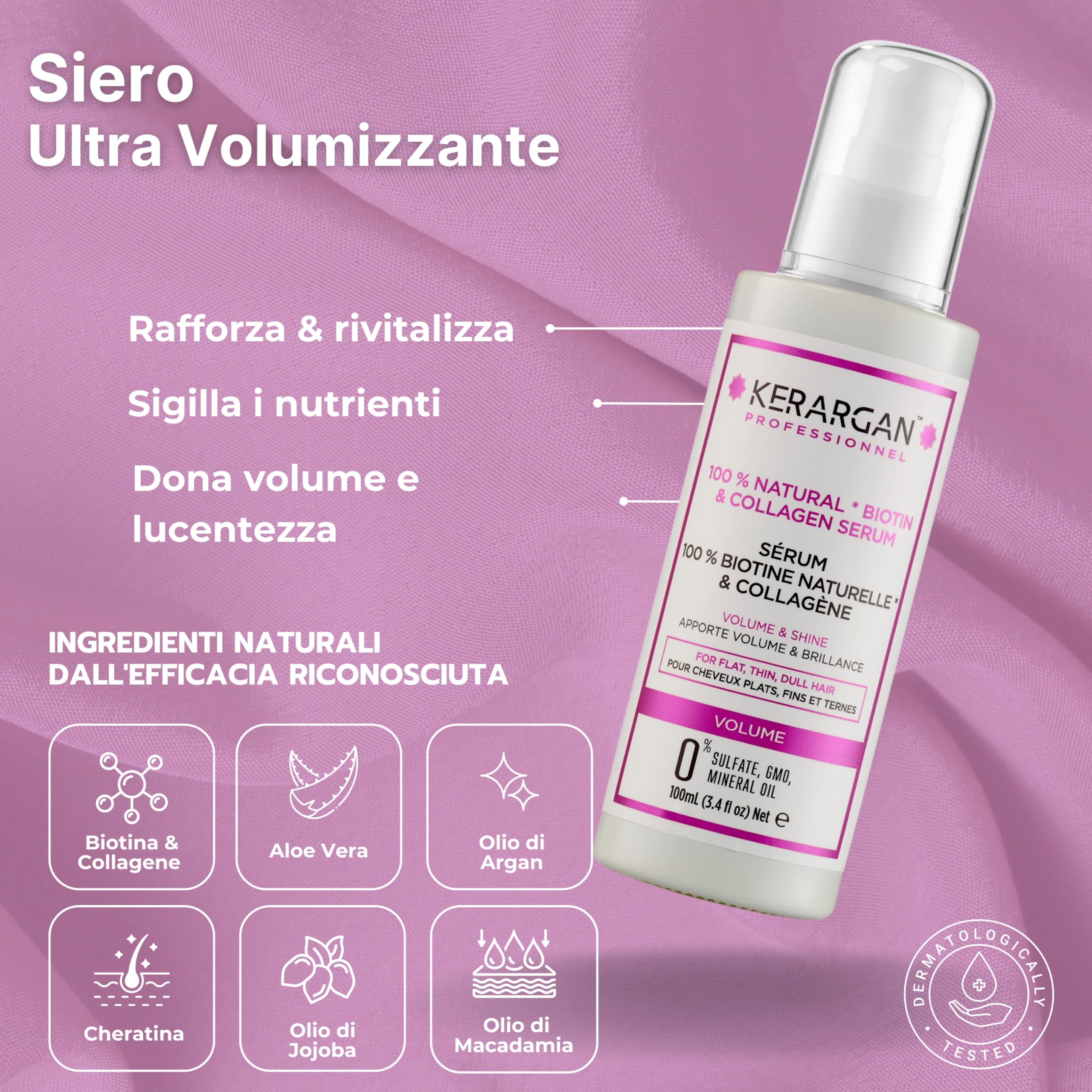 Kerargan - Set Volumizzante: Shampoo, Balsamo, Maschera, Siero & Leave-In alla Biotina & Collagene per Capelli Piatti, Fini e Opachi - Senza Solfati, OGM, Silicone - 3x500ml+1x100ml+1x350ml | Cinque trattamenti con biotina e collagene per detergere, distr