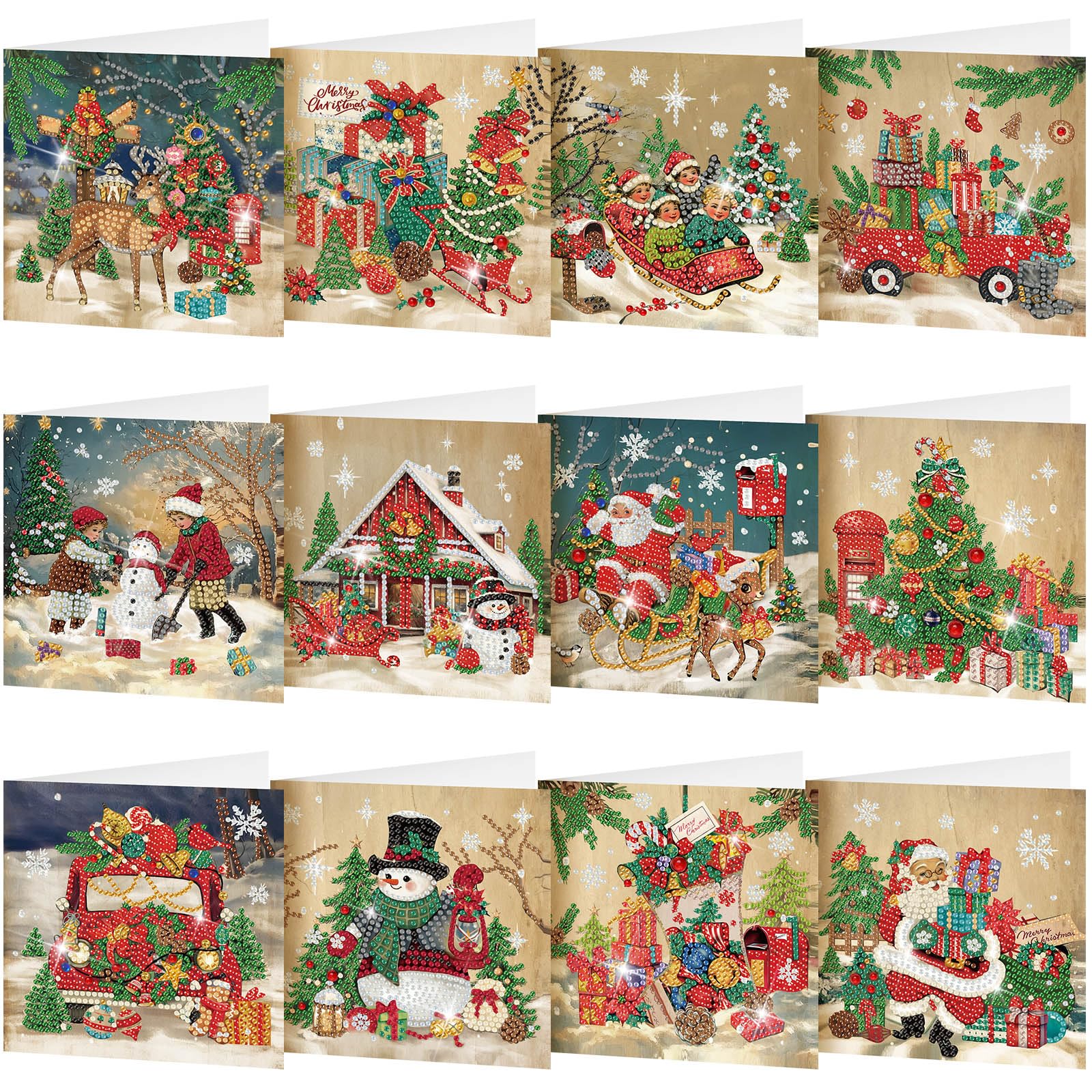 Saillong 12 Pack Vintage Christmas Diamond Art Cards with Envelopes