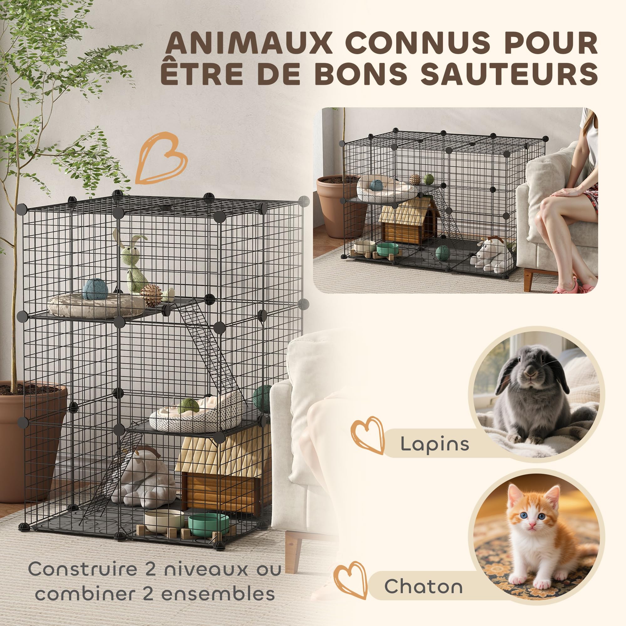 PawHut Enclos pour Petits Animaux, Cage à Lapin modulable 3 Niveaux, 39 Panneaux avec 2 rampes, Parc clôture pour Animaux domestiques intérieur pour Lapin, Chaton, Chinchilla, Furet, en métal, Noir