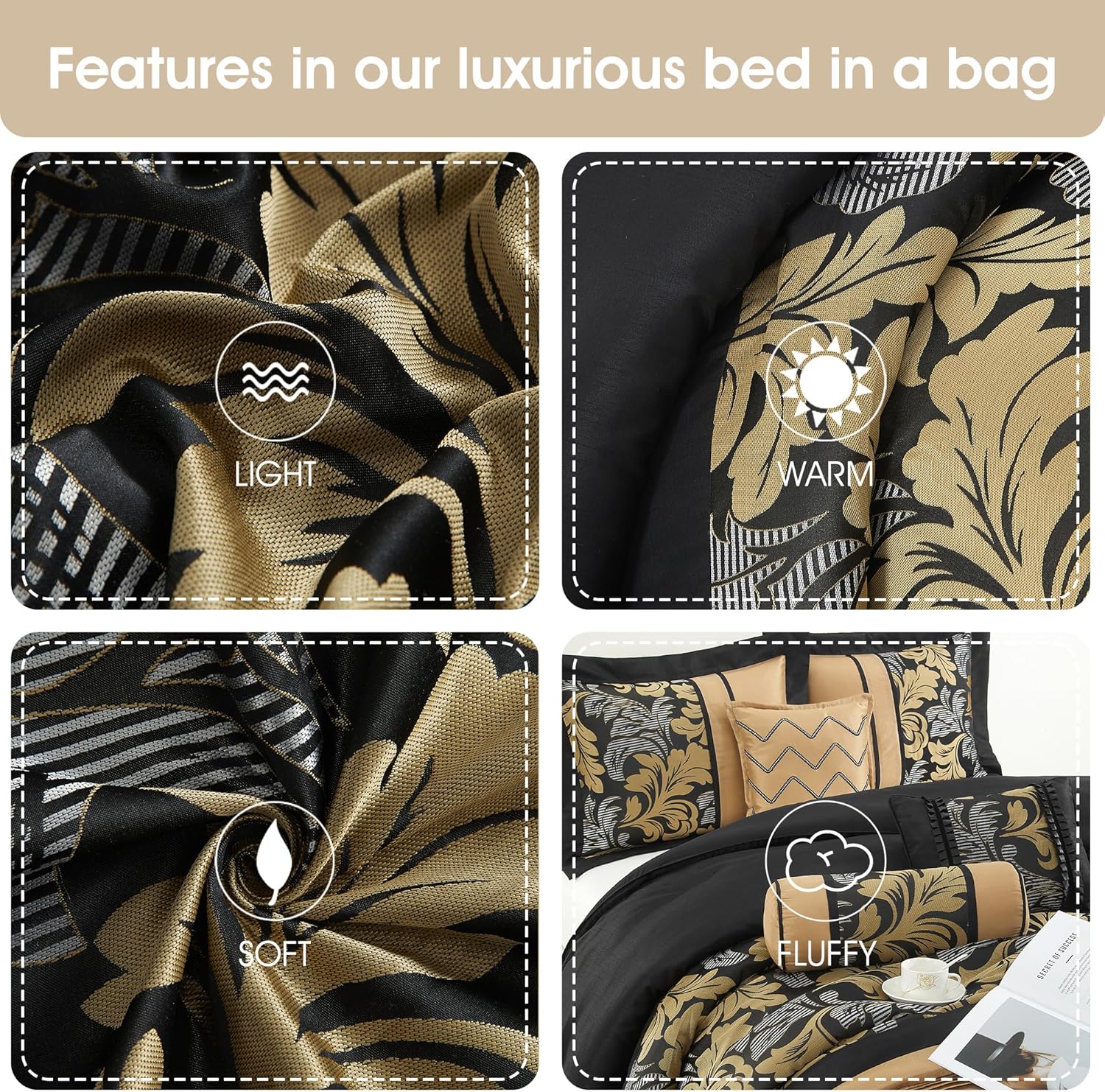 Grand Avenue Black and Gold Comforter Set California King Size, 7 Piece Jacquard Soft Bedding Set, All Season, Pillows & Shams, Home Decor