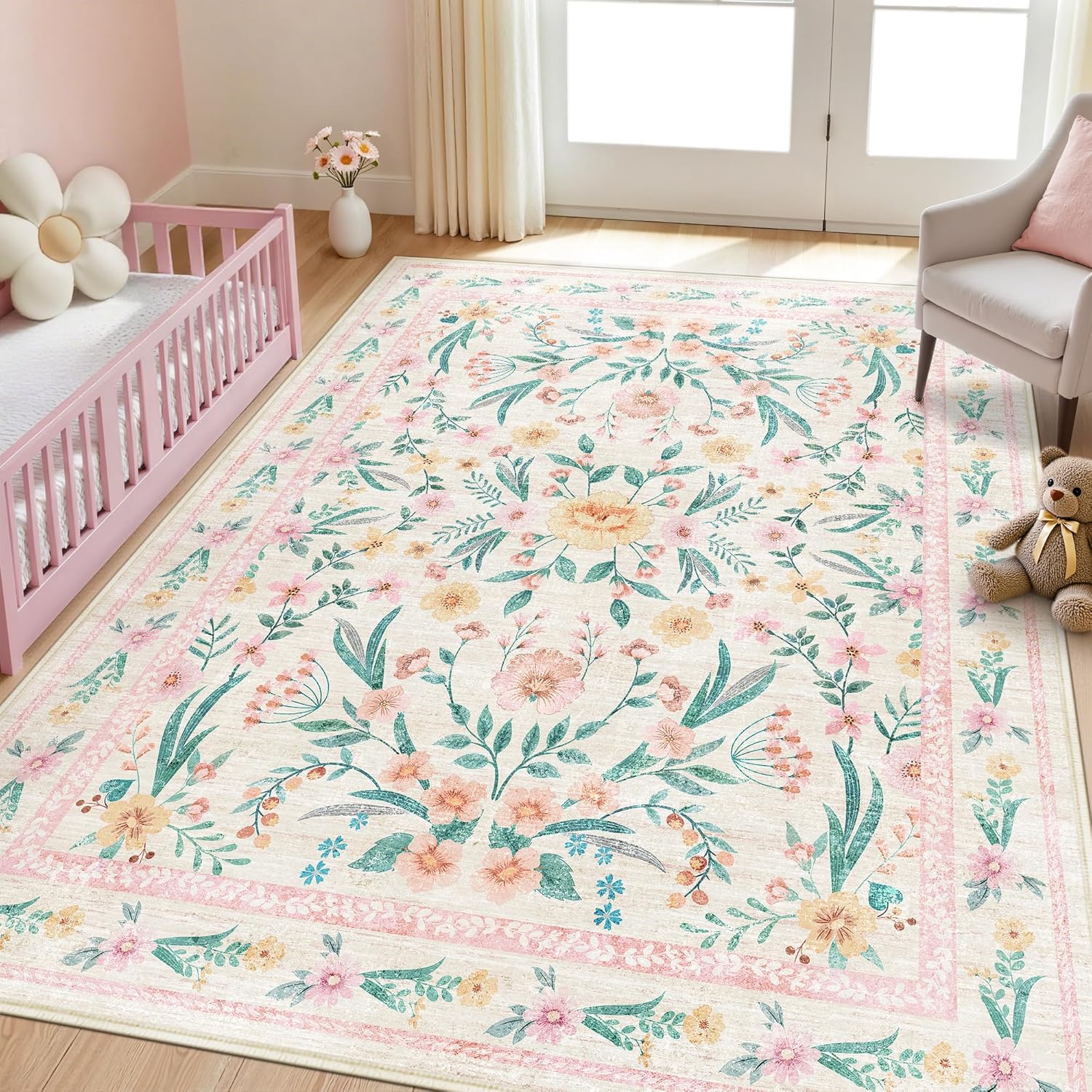5x7 Pink Floral Nursery Rug,Pink Rugs for Bedroom Girls,Machine Washable Non Slip Soft Faux Wool Carpet,Cute Boho Indoor Area Rugs for Kids Room or Playroom Pink 5 x 7 ft
