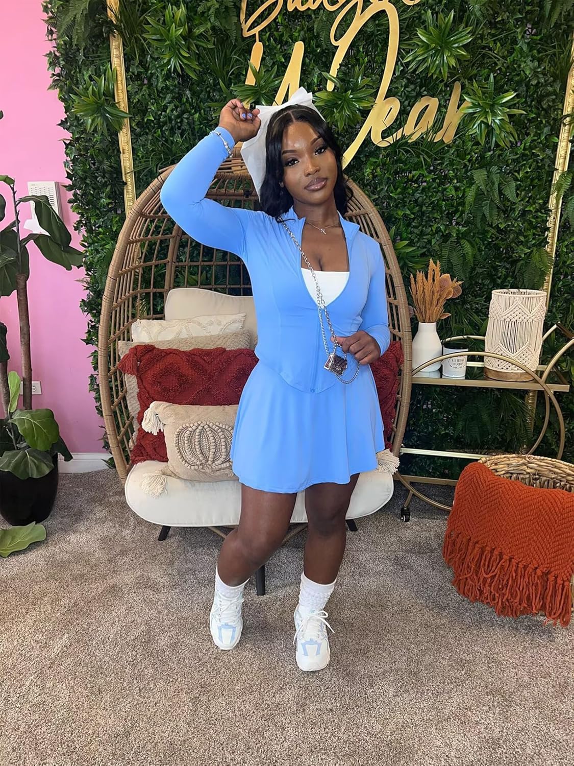 Adogirl Womens Sexy Flared Tennis Skirt Sets Slim Zip Up Jacket 2 Piece Outfits Athletic Matching Mini Dress with Shorts - Image 2