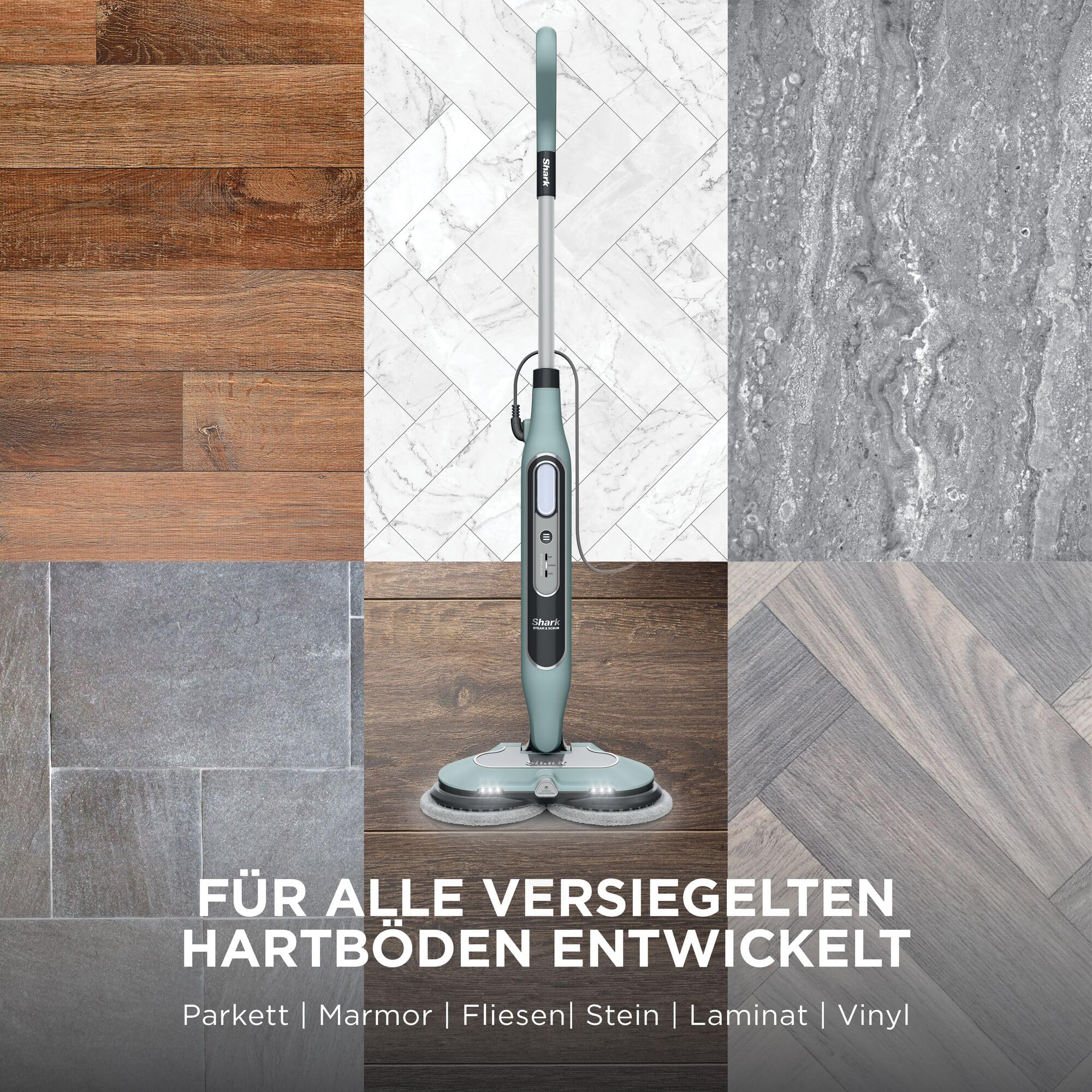 Shark Dampfreiniger Mop, automatisch, mit Steam Blaster, 6 Schmutzfänger-Pads, 3 Dampfstufen, bei Flecken und Schmutz, hygienische Reinigung für versiegelte Hartböden, 8m Kabel, Salbei-Grün, S8201EUCP