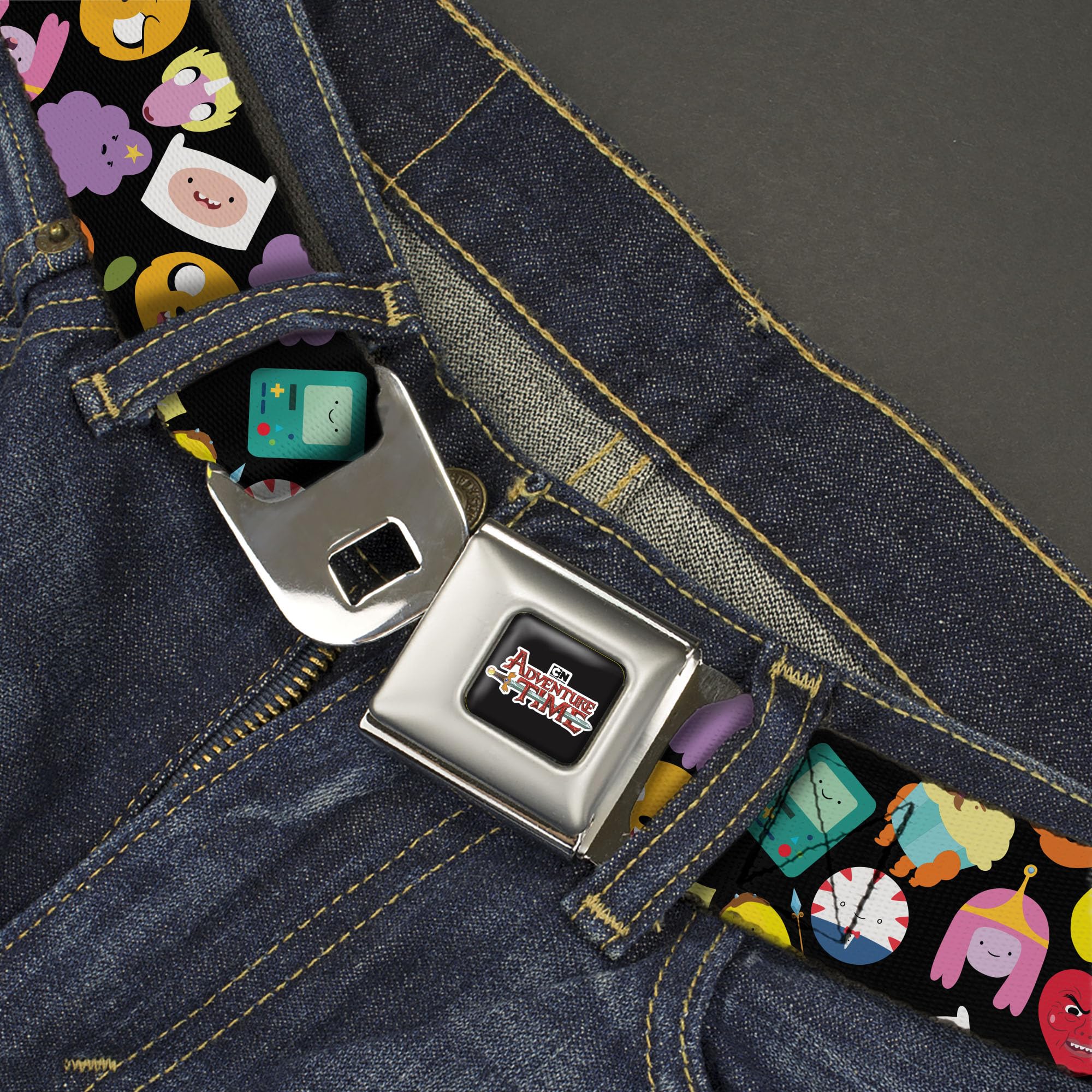 Cartoon Network Belt, Seatbelt Buckle Belt, Adventure Time Character Face Icons Scattered Black, Youth 20 to 36 Inches