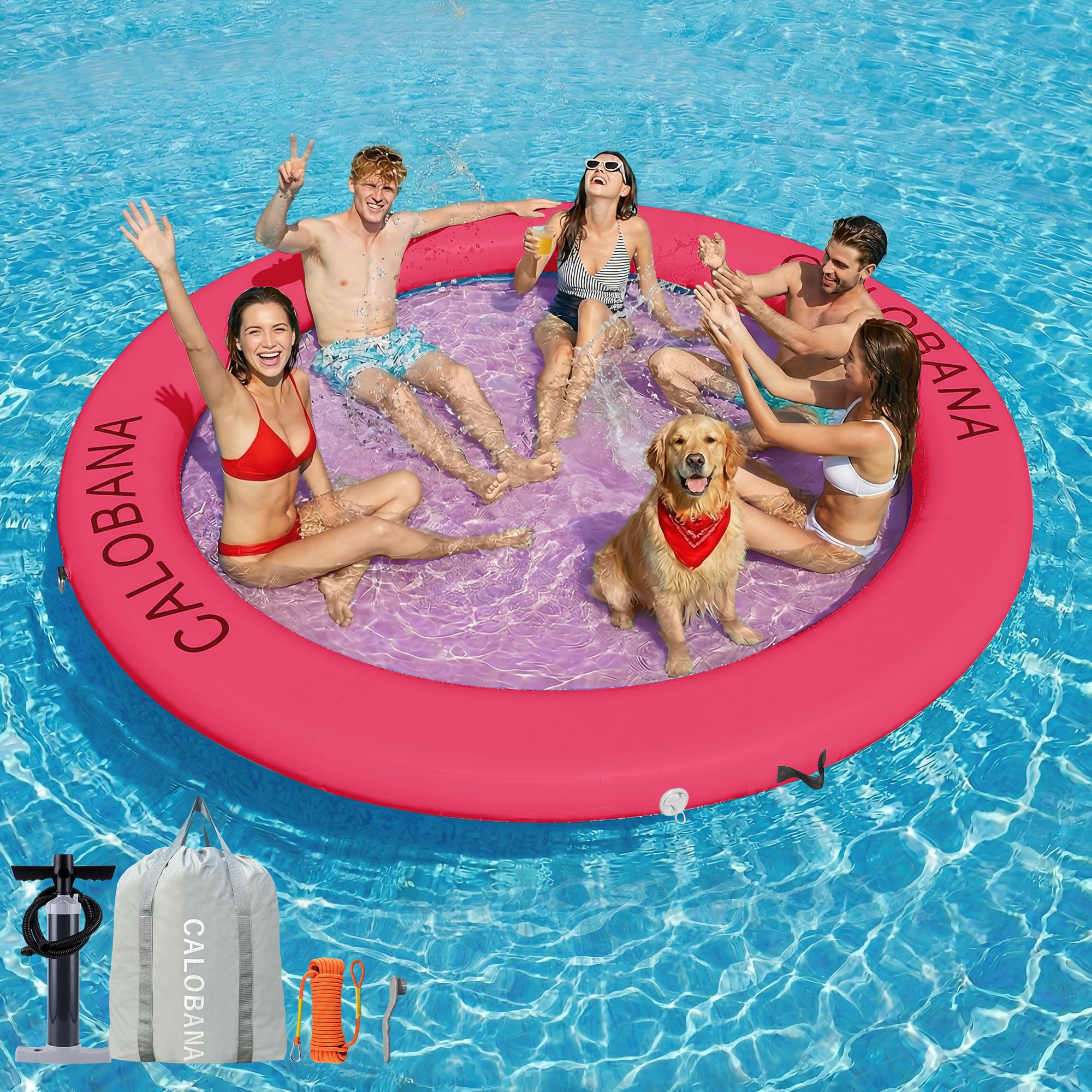 Photo 1 of CALOBANA 8ft Round Inflatable Dock, Heavy Duty Water Hammock Floating Ring Island Platform Lake Raft for Adults Party Tanning Pool, Pink