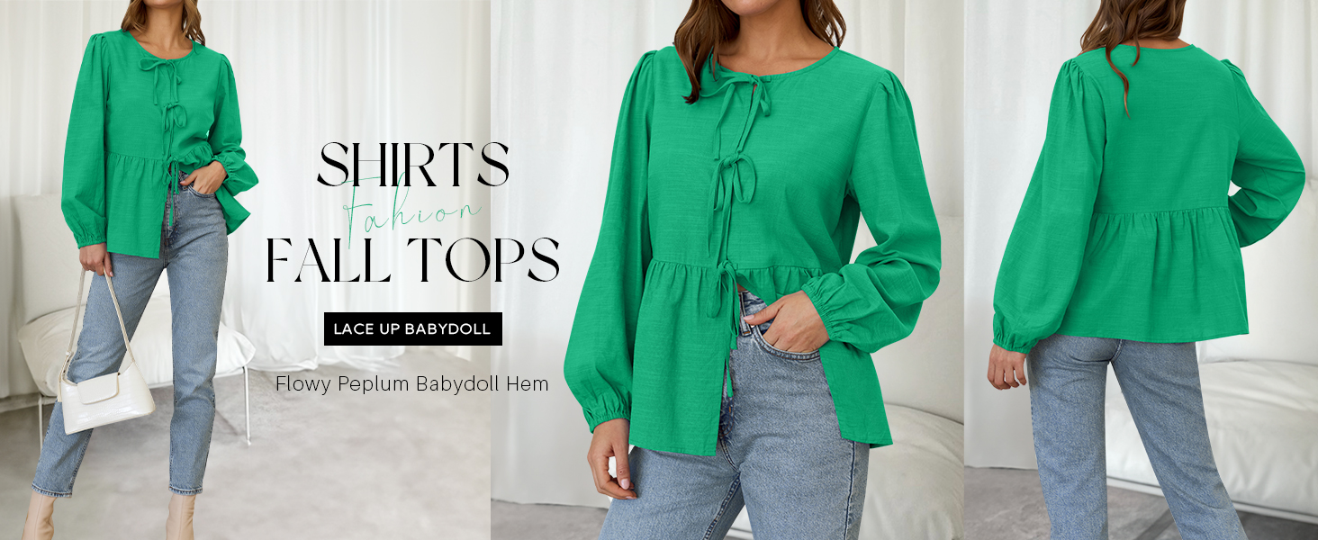 ZESICA Womens Tops Tie Front Long Puff Sleeve Button Peplum