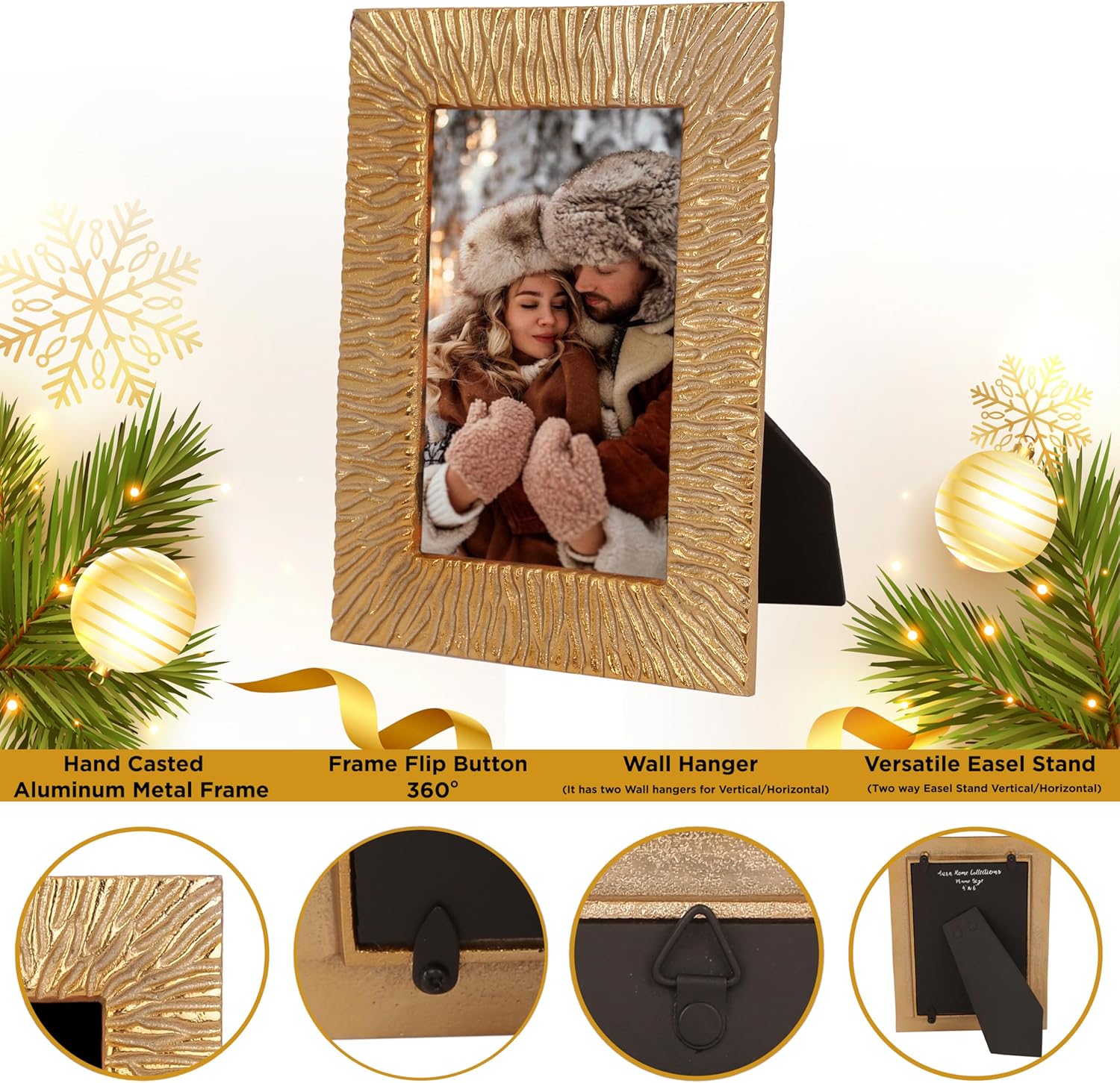 AHC HOME & LIVING Merry Christmas Picture Frame - Elegant 4x6 Metal Winters Textured Design for Tabletop & Wall Display - Ideal for Christmas and Holiday Decorations - Fits 4x6 Photos - Gold