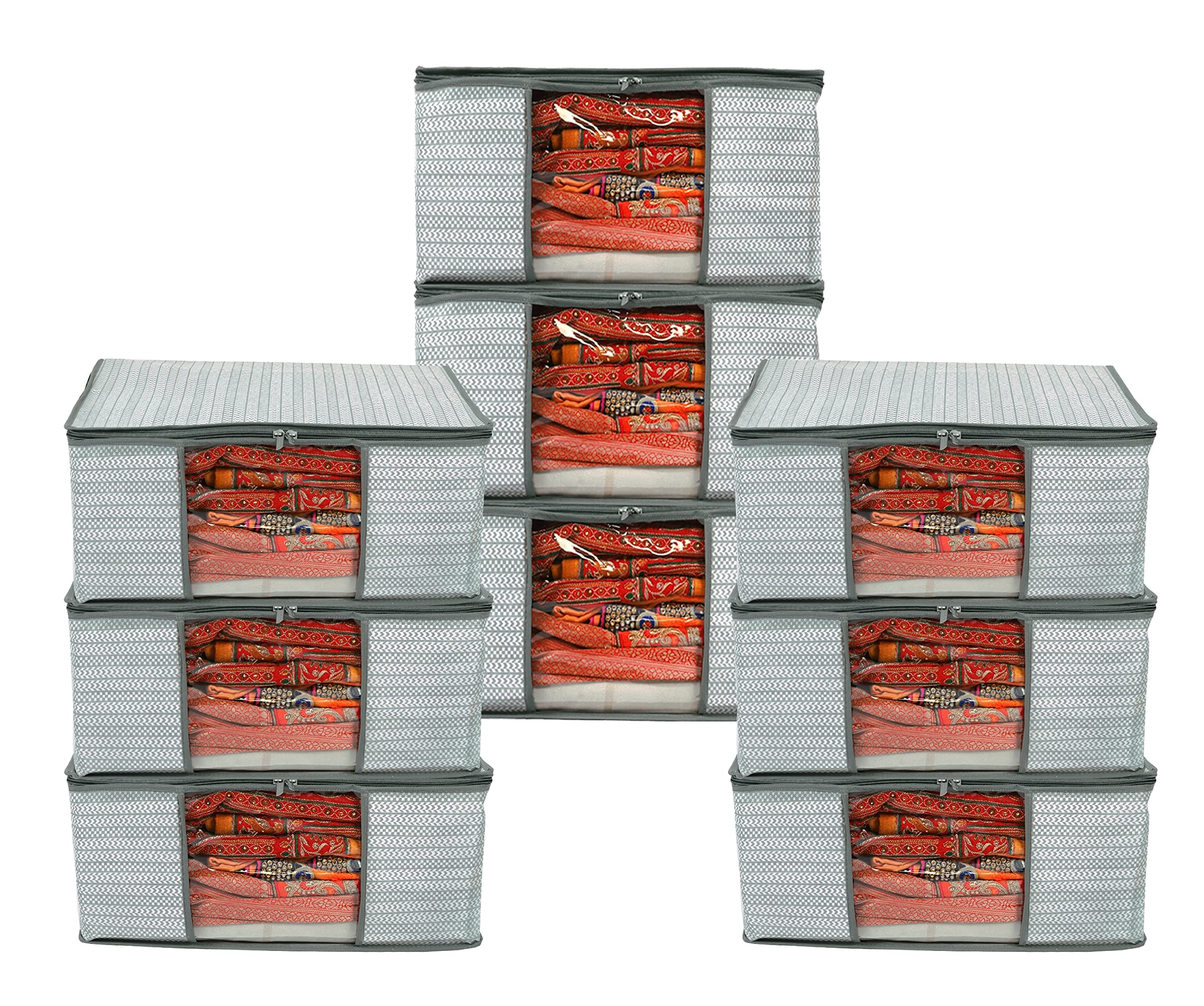 PENADIANon Woven Fabric Saree Cover/Clothes Organizer Printed Design & Transparent Window|Zipper Closure With Foldable Material|Size 46 x 32 x 22, Pack of 9 (PACK 9, GREY-B3)