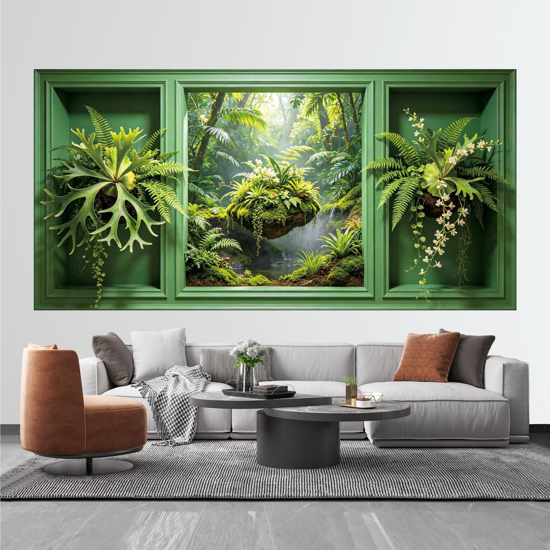QZLITHOTIC 50x100CM 3D Framed Wall Art， Tropical Jungle Fern Moss Waterfall Botanical Landscape Self‑Adhesive Mural， Water‑Activated Peel & Stick Fabric Decor Wall Decal for Bedroom Living Room