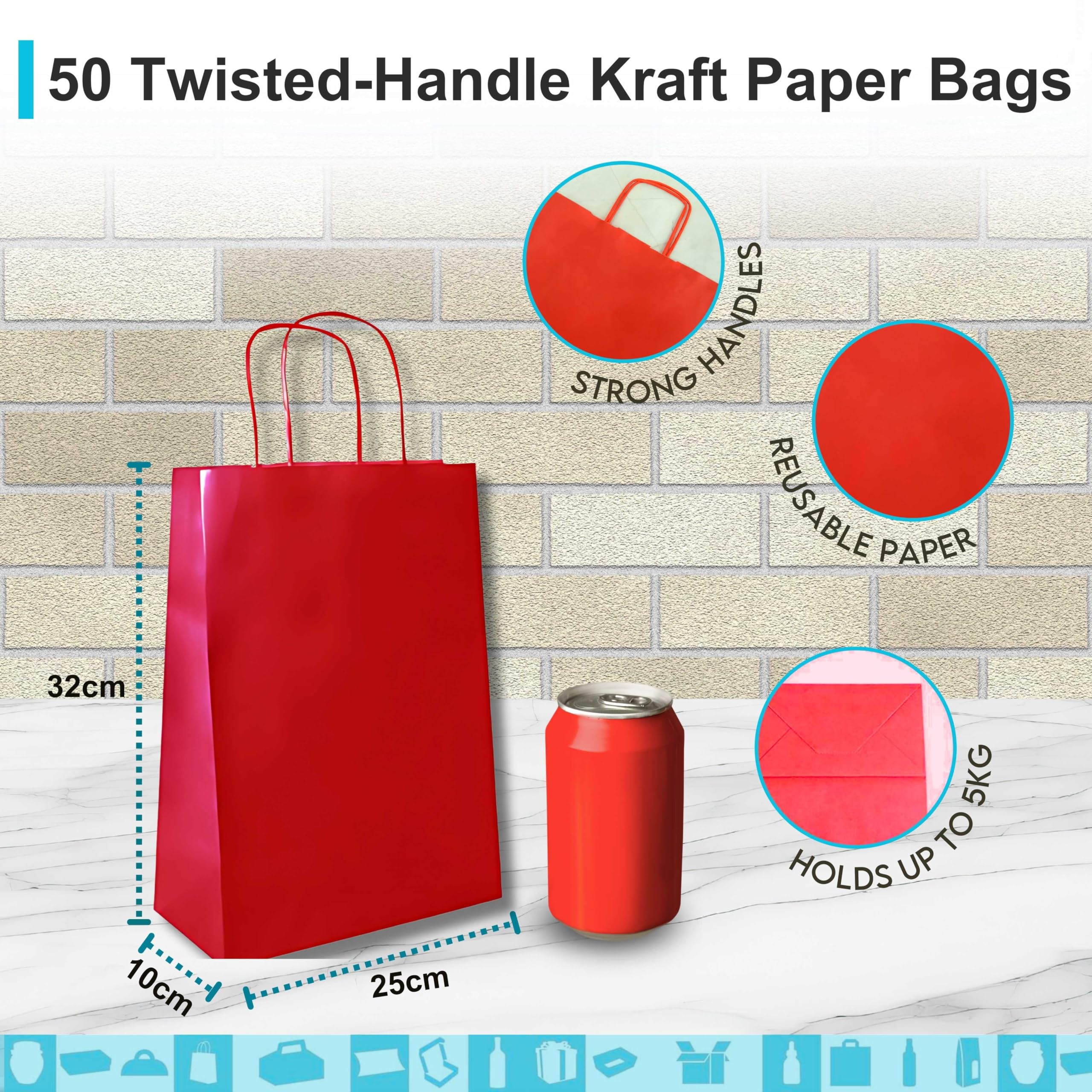 50 sacchetti regalo in carta kraft, 25 x 10 x 32 cm, sacchetto regalo di compleanno, sacchetto regalo con manici intrecciati, ideale per confezioni regalo, celebrazioni, Natale, matrimonio, festa