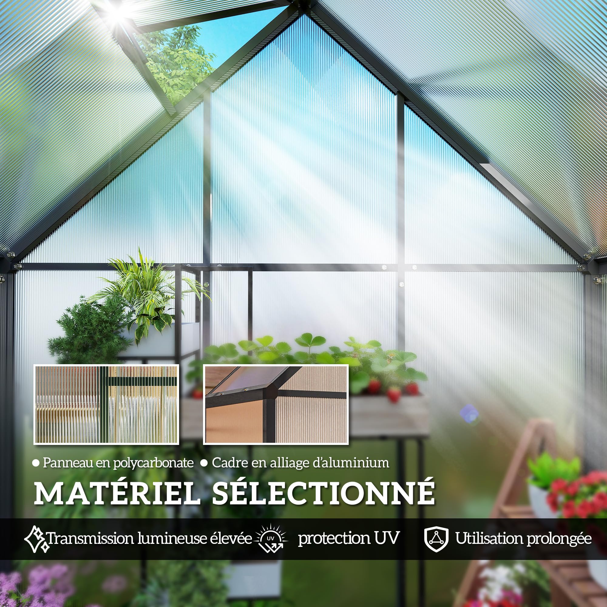 Outsunny Gewächshaus aus Aluminium und Polycarbonat, Gewächshaus mit verstellbarem Fenster und Flügeltür, wetterfestes Außenhaus für Pflanzen, Blumen, Gemüsegarten und Setzlinge, transparent
