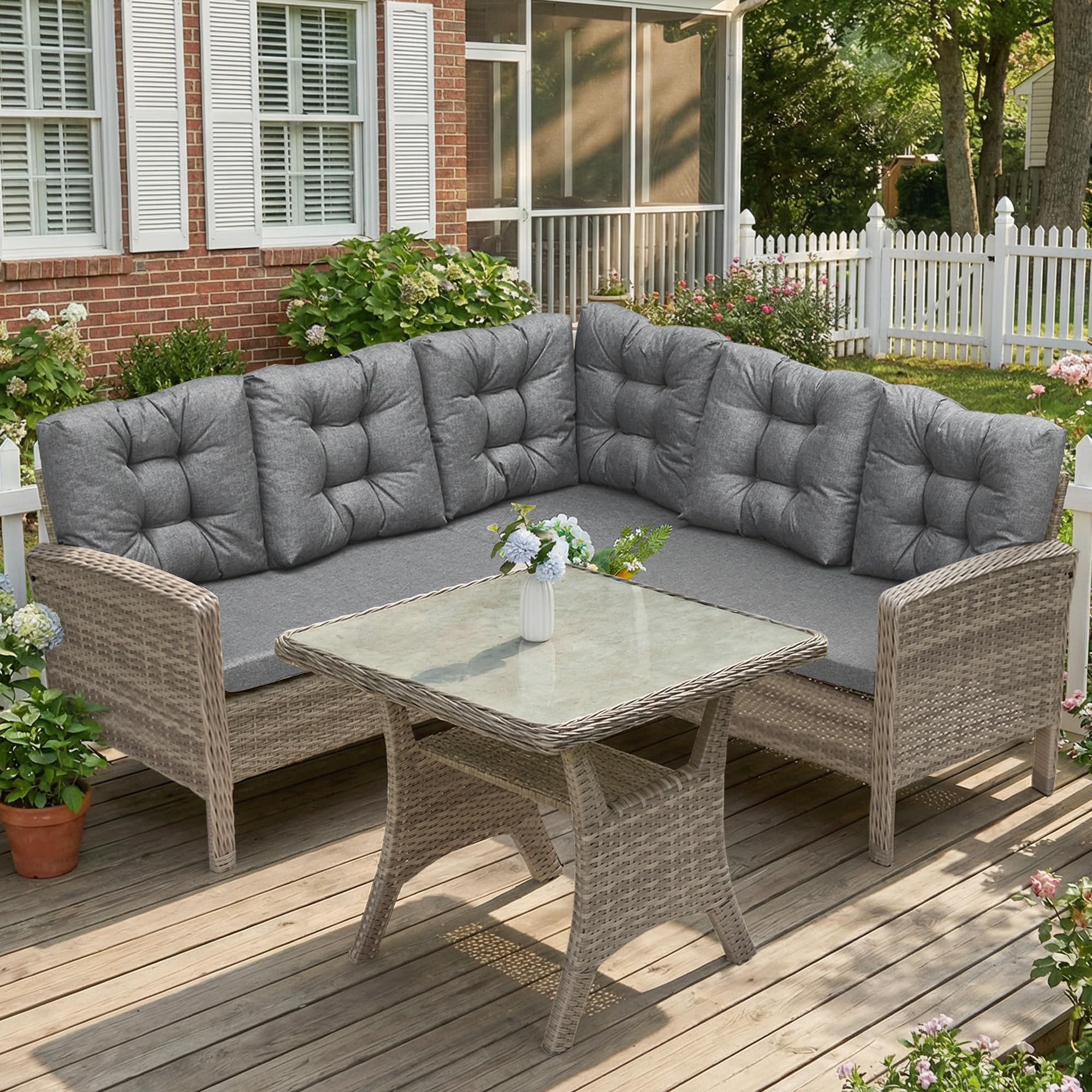COMLAX FIELD Rattan Gartenmöbel Set, Gartenlounge mit Esstisch, Balkonmöbel Wetterfest, Sitzecke Outdoor, Dining Lounge Set für Garten Balkon, Grau