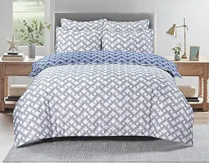 Majestic Giftware Madison Linen 6-Piece King Size Bedding Set (BL106-K) | Diamond Braid Blue Gray 300 TC Cotton Sateen Durable & Washable | 1 Fitted Sheet, 1 Duvet, 4 Pillowcases