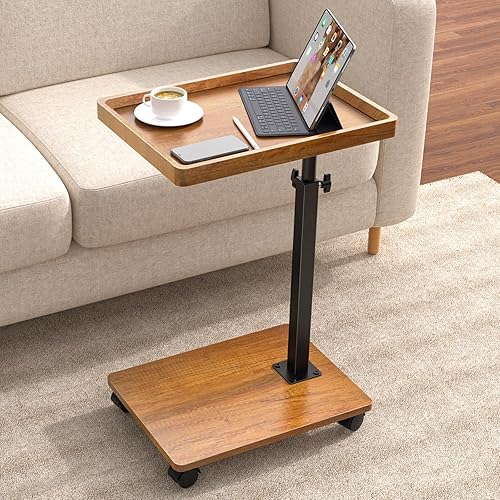 Mesa C Mesa Auxiliar de Altura Ajustable, Mesa de Bandeja Giratoria de 360° para TV para Espacios Pequeños, Mesas de Sofá que se Deslicen Debajo,