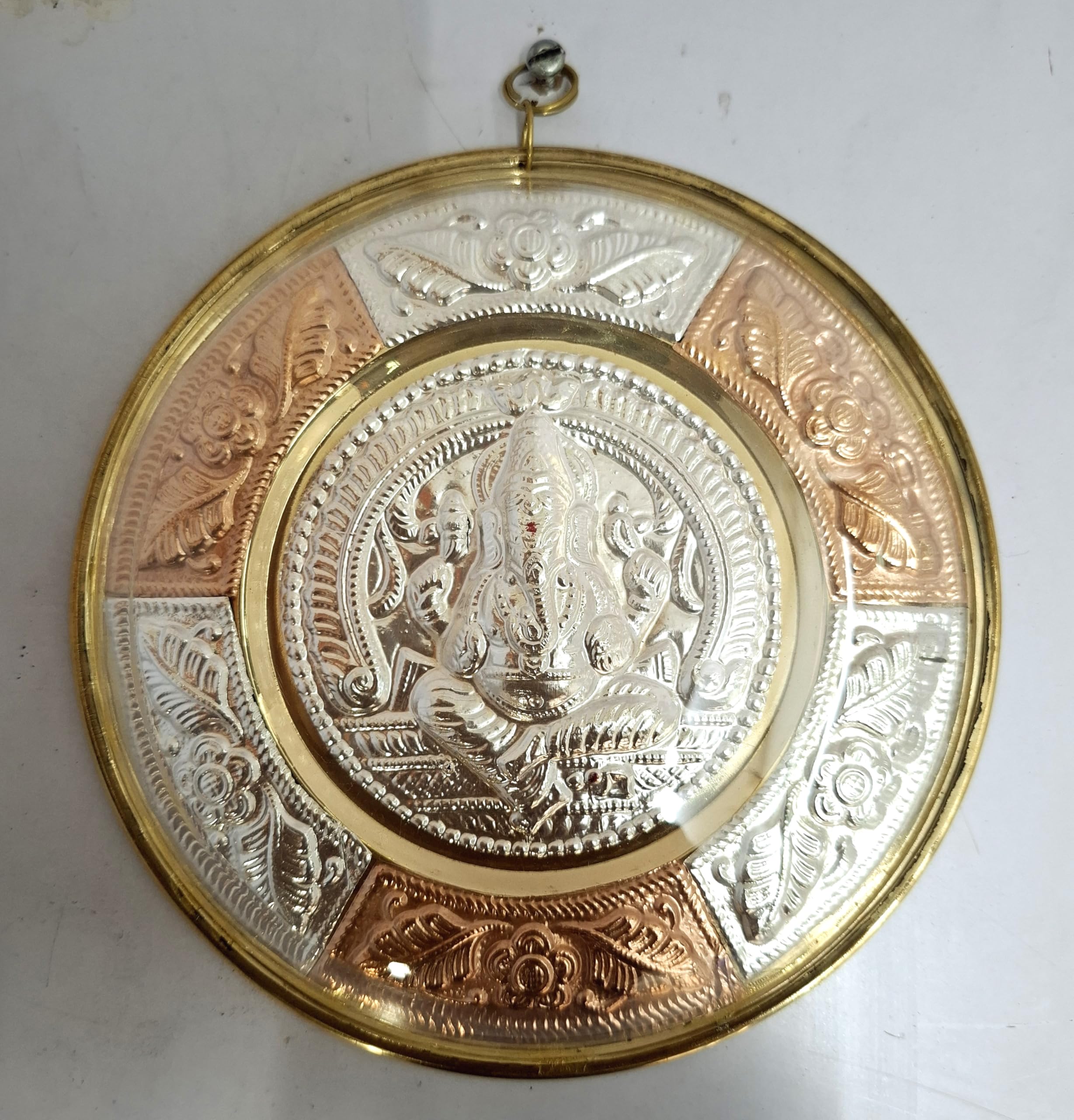 JLine Arts Ganesha 6 inches Thanjavur Art Plate, Pure Silver, Metal Art with Wall Hanging and Unbreakable Fibre Glass on The Front