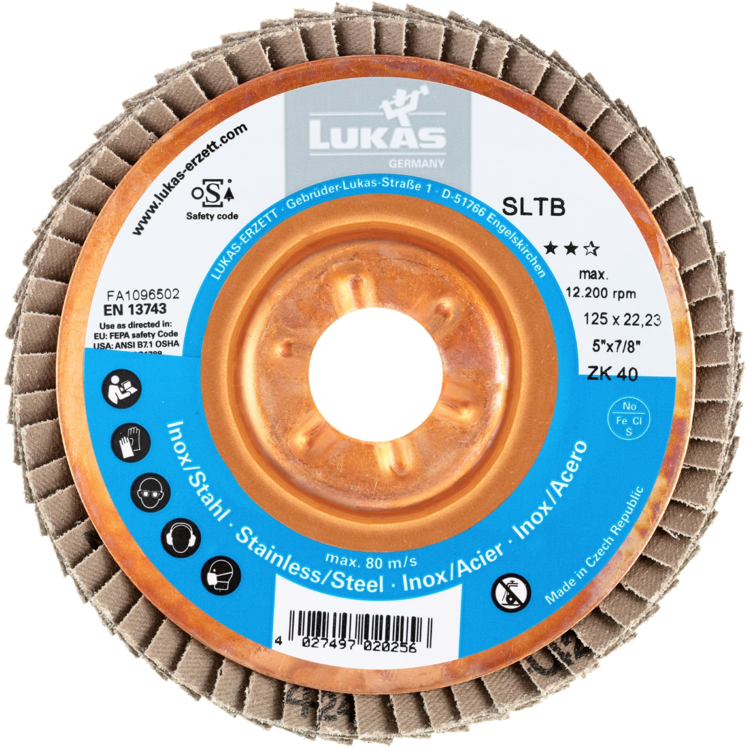 LUKAS-ERZETT Lot de 10 disques à lamelles SLTB pour acier inoxydable Ø 125 mm Corindon Zirconium Grain 40 | oblique 13 x 12,5 x 13 cm