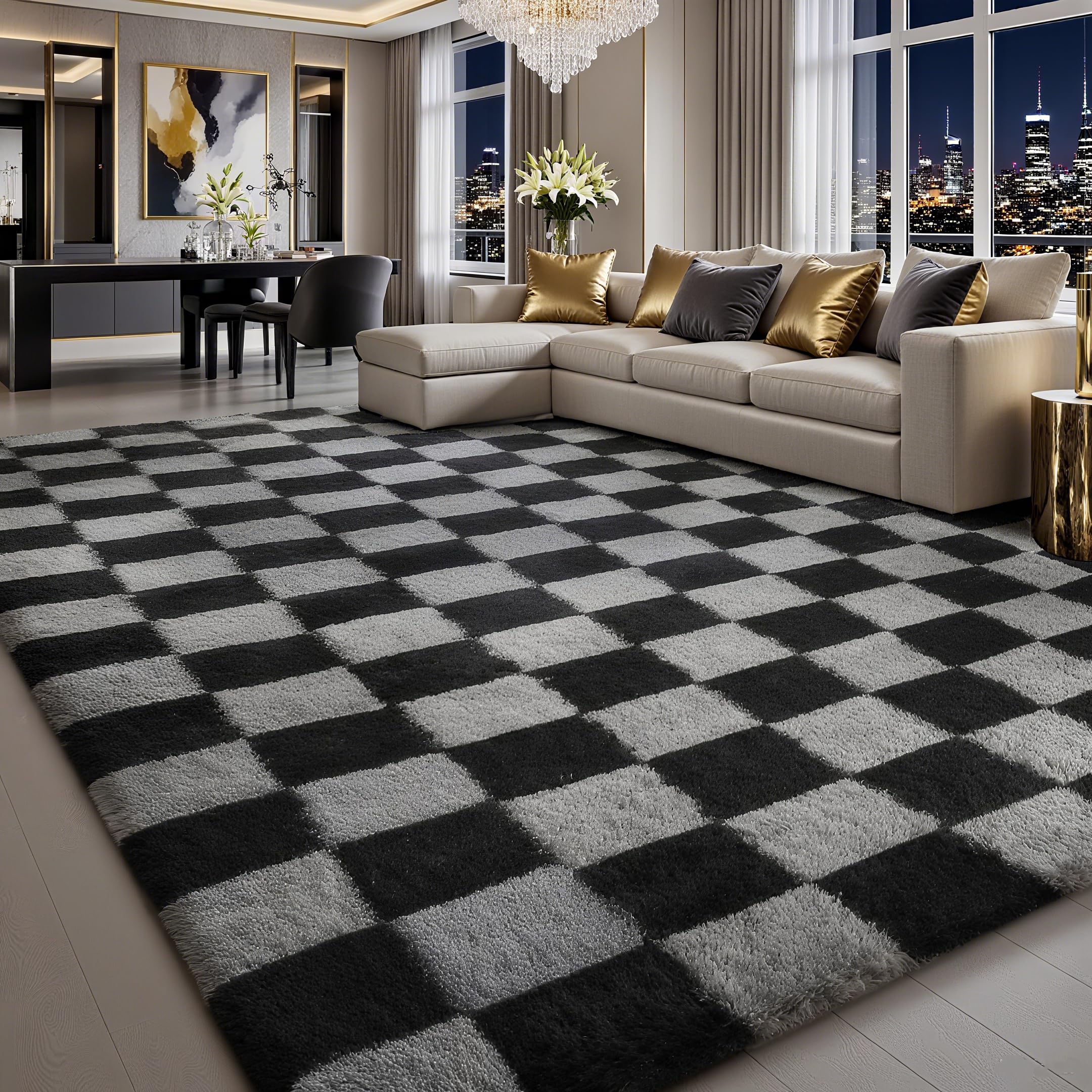 Treeboy Rugs Living Room 160x230cm,Black and Grey Checkered Area Rug for Bedroom,Washable Anti Slip Extra Large Shaggy Rug Soft Fluffy Rug Fuzzy Carpet for Kids Room Nursery,Dorm Home Decor — image 1