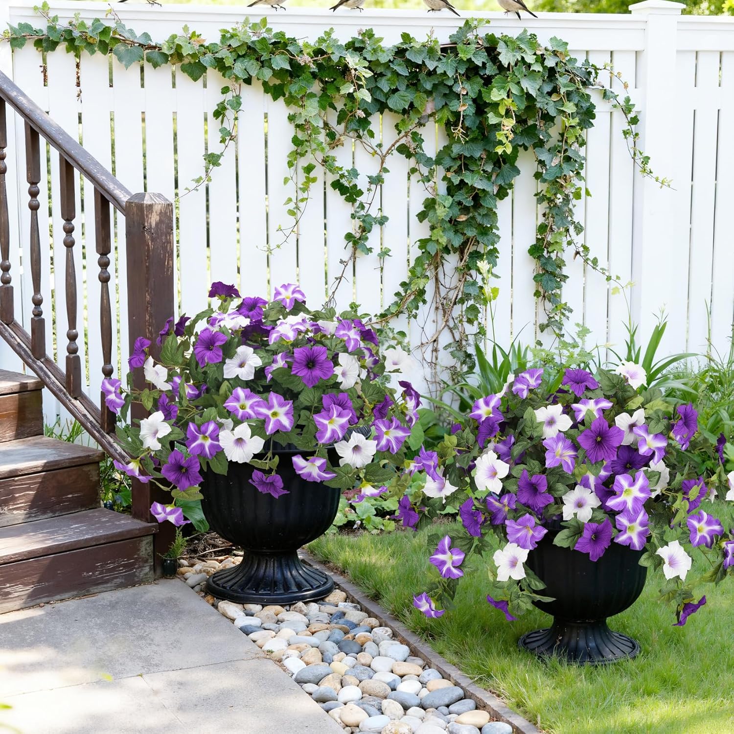 Artificial Flowers for Outdoors, 2 Pcs Realistic Fake Flowers UV Resistant Silk Morning Glory Petunias Faux Plants for Outdoor Planters Window Box Balcony Yard Porch Outside Garden Home Decoration