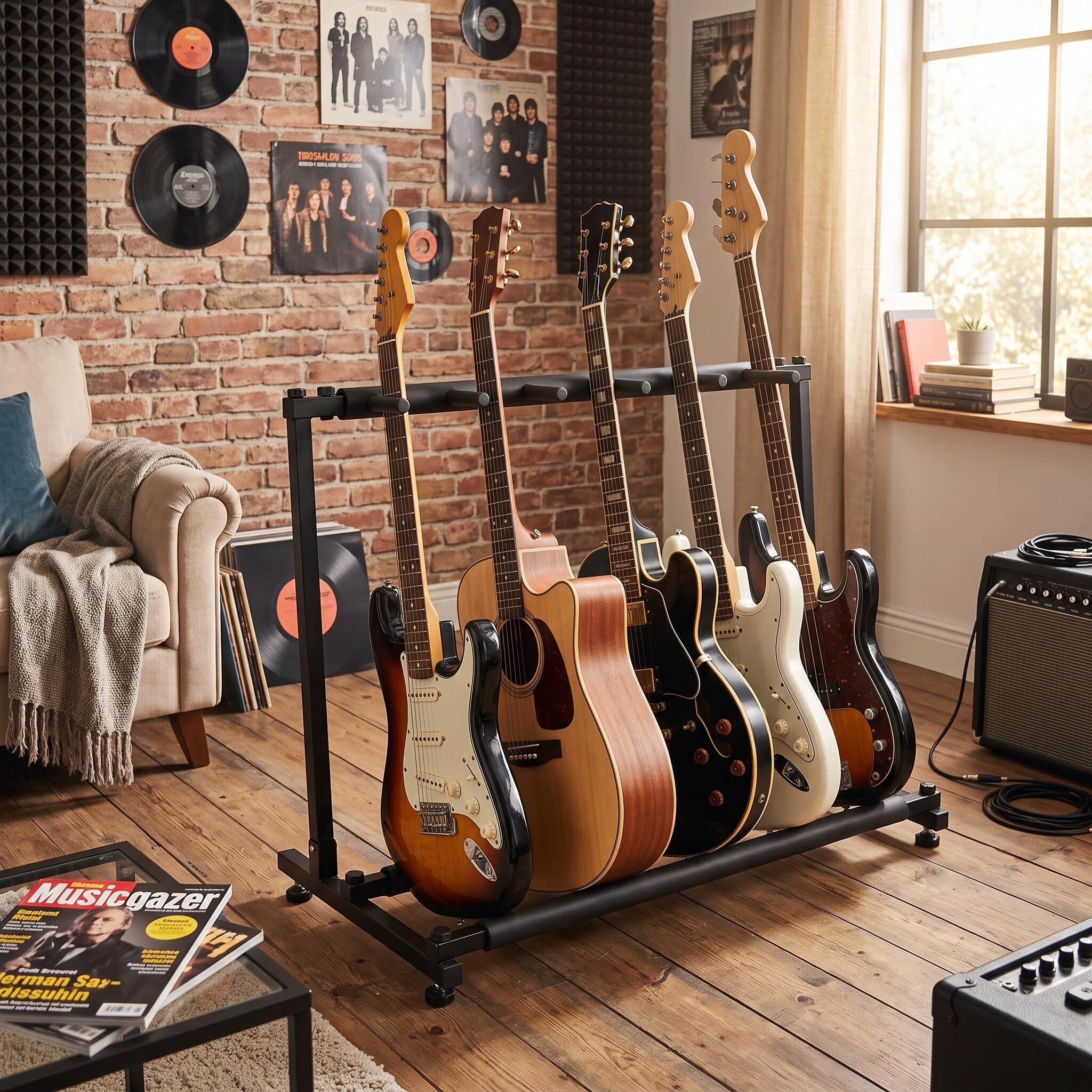 Stojak na Gitarę Multi 5 Przegródek, Statyw na Gitarę Metalowy Stojak na Gitarę Organizer na Stojak Stojak na Gitarę Uchwyt na Gitarę z Gumowymi Stykami do Sklepów z Gitarami(5)