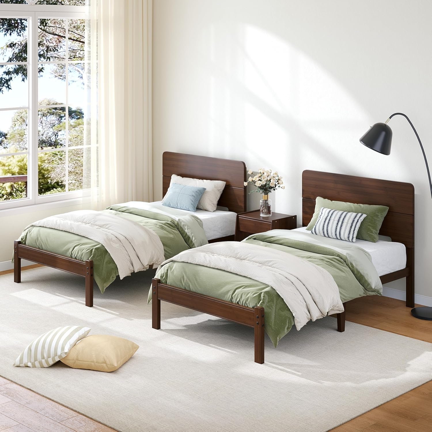 Walnut Color Durable Bamboo Wood Platform Bed Frame | Eco-Friendly Heavy Duty | Squeak-Free Silent | No Box Spring Needed | Easy Assembly | Under Bed Storage | Minimalist Bedroom Furniture(Twin)