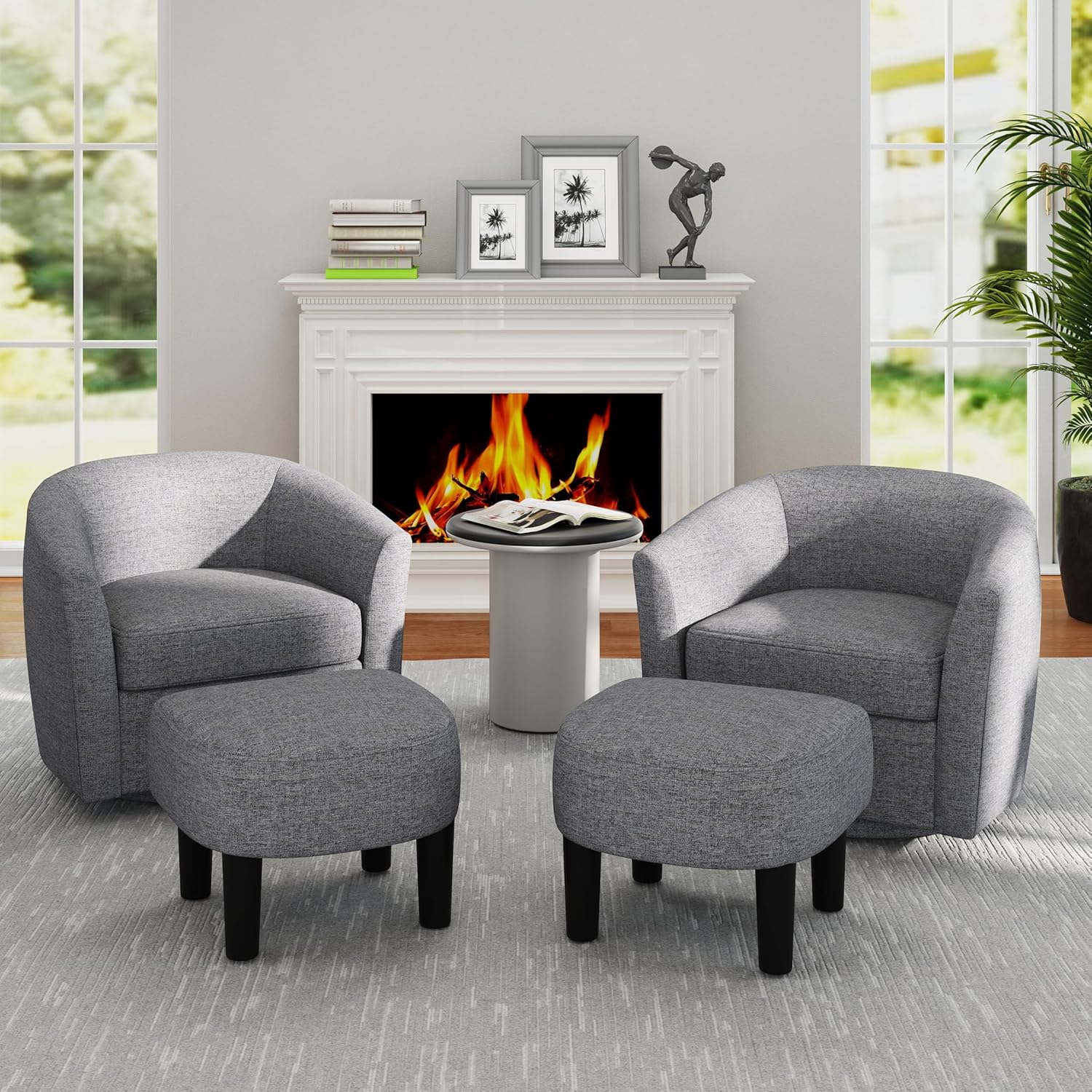 KOMFOTT Swivel Barrel Chair with Ottoman, Upholstered Armchair with Footrest, Removable Seat Cushion, Linen Fabric Club Reading Sofa Chairs, Modern Accent Chair for Living Room, Bedroom, Grey