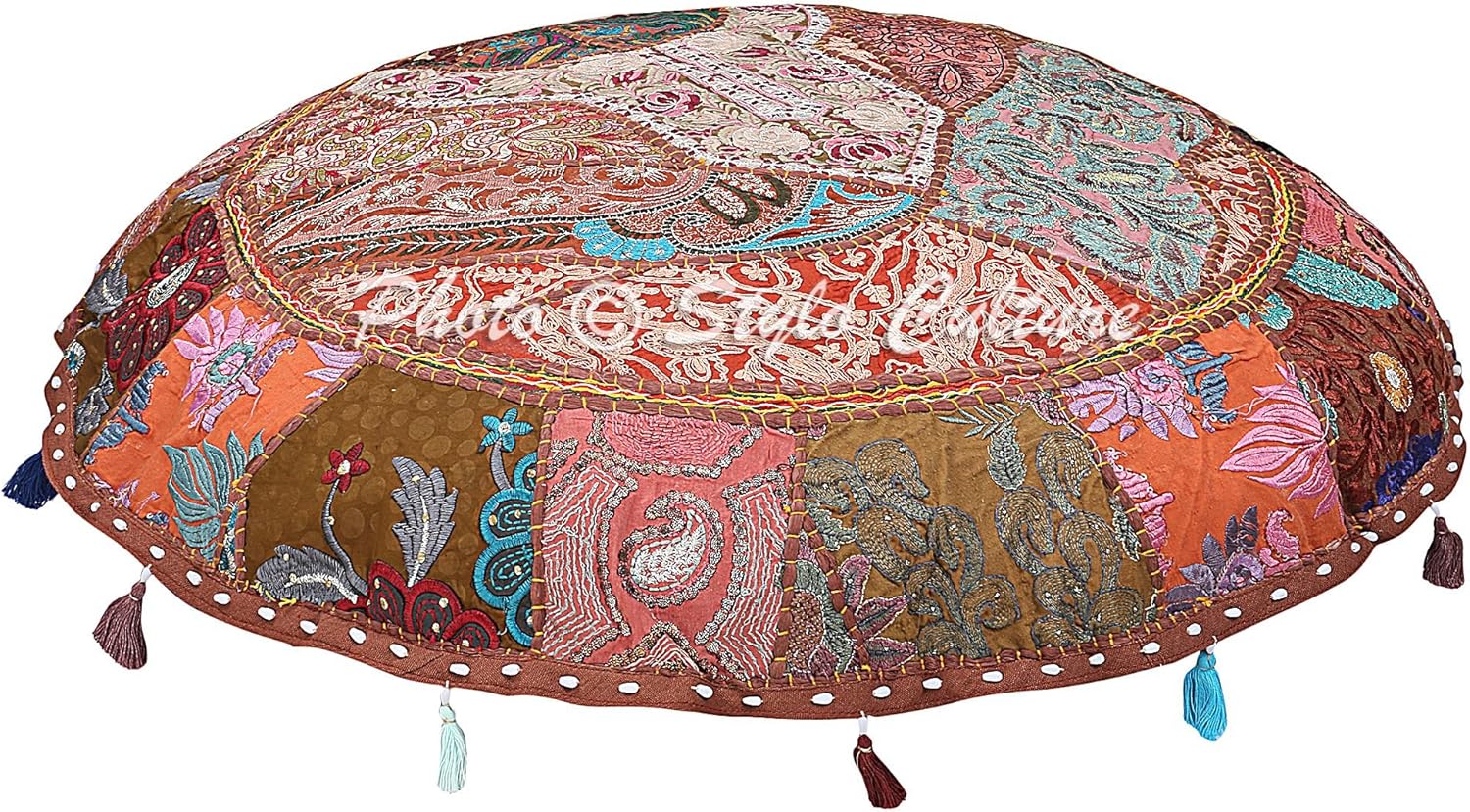 Ethnic Floor Pillow Cushion Cover Vintage Patchwork Boho Seating Brown 32x32 Large Decorative Round Decor Seating Tuffet Seat Pouf Cover Footstool Cotton Embroidered 1 Pc