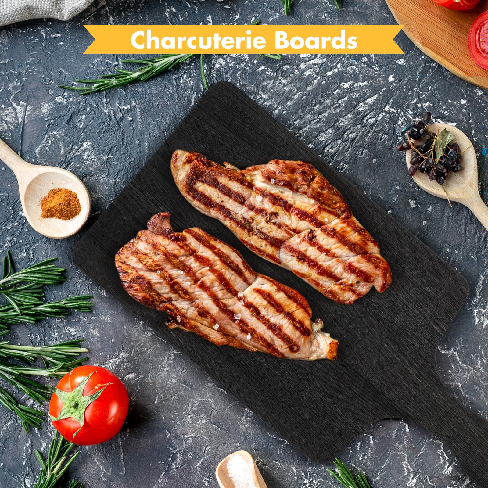 Geetery 3 paquetes de tablas de cortar de madera con mango de madera de bambú, tablas de servir pizza, charcutería, tabla de cortar para pan, queso, filete, 3 tamaños, bambú (negro)