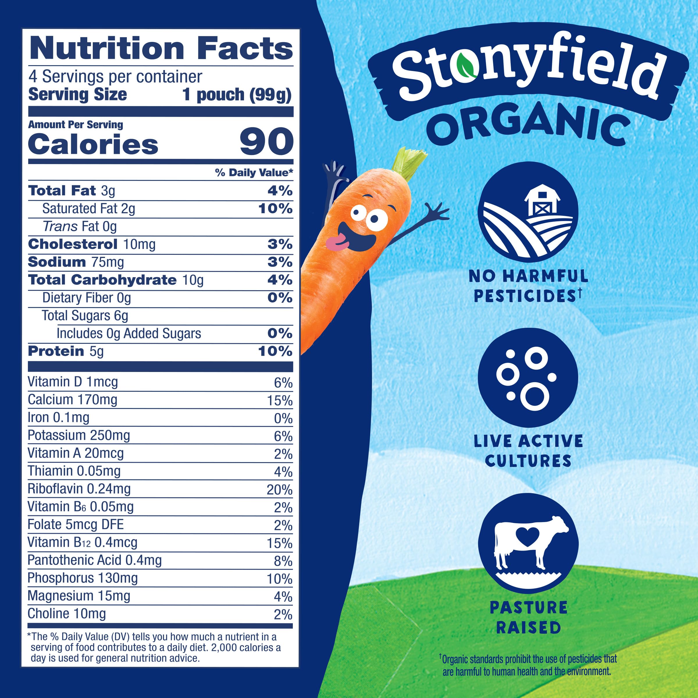 Stonyfield Organic Kids Zero Grams Added Sugar Blueberry Apple Carrot Whole Milk Yogurt 3 5 oz Pouches 4 — view 2