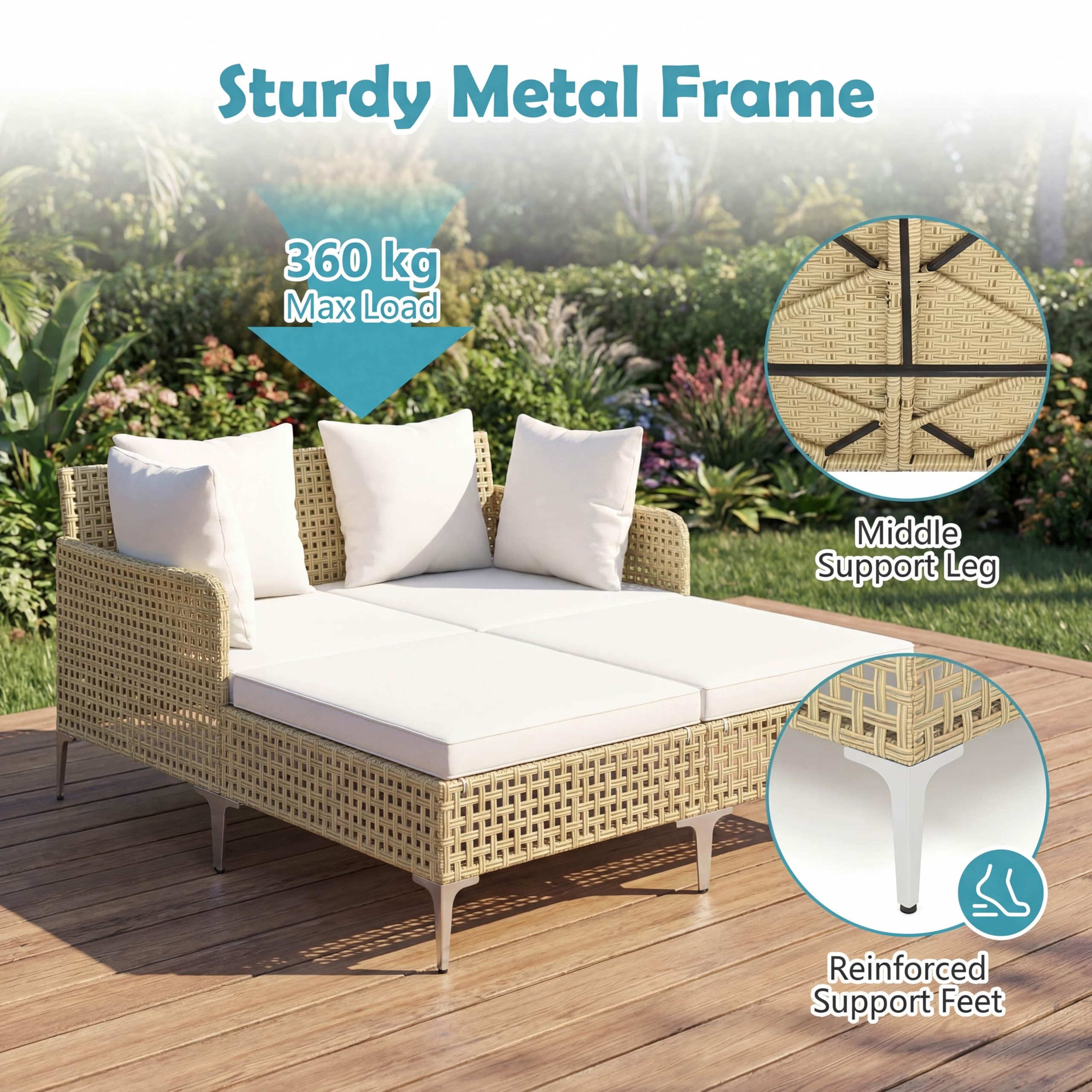 LIFEZEAL Lettino 2 Posti Prendisole in Rattan, Portata 360 kg | Lettino da Giardino con Cuscini, Struttura in Metallo, Piedini Regolabili, Divano da Esterno per Terrazza, Balcone, Piscina