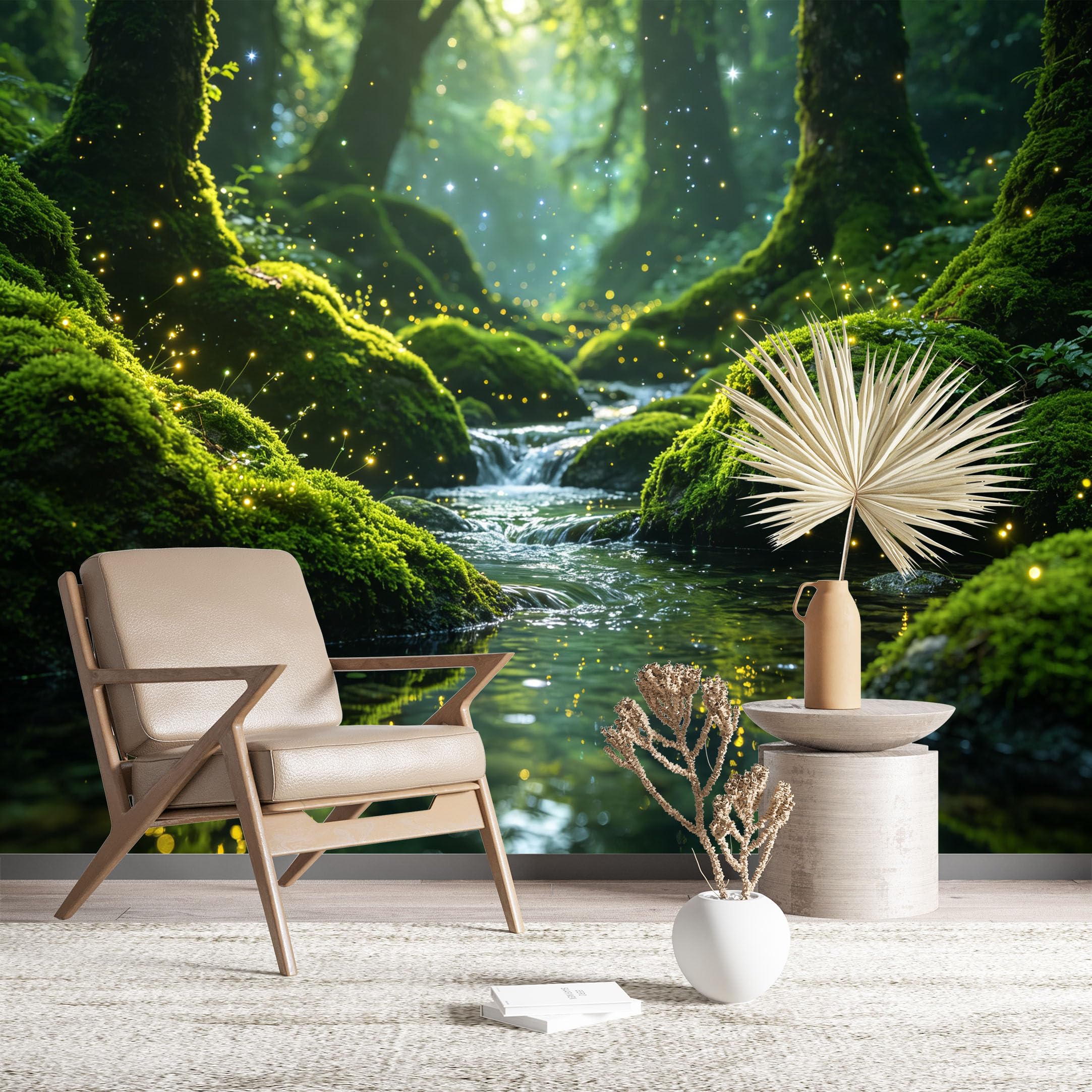 Custom Size Wall Murals Magical Forest Stream with Fireflies Self-Adhesive Wall Fabric (NO PVC) Removable Wallpaper for Living Room Bedroom