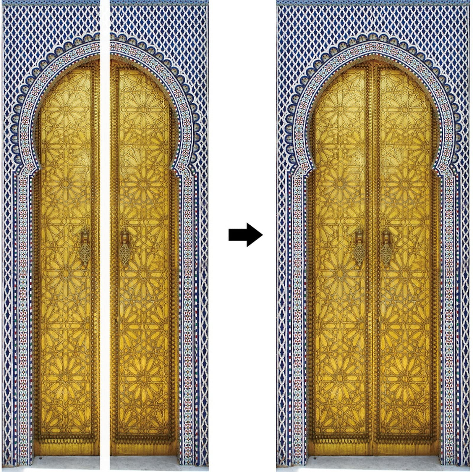 A.Monamour Adesivo Porta Autoadesiva Porta D'Oro Del Palazzo Reale Con Piastrelle A Mosaico A Fez In Marocco Vinile PVC Adesivi per Porte Interne 3D Pellicola Adesiva Poster Sticker Murale Parete