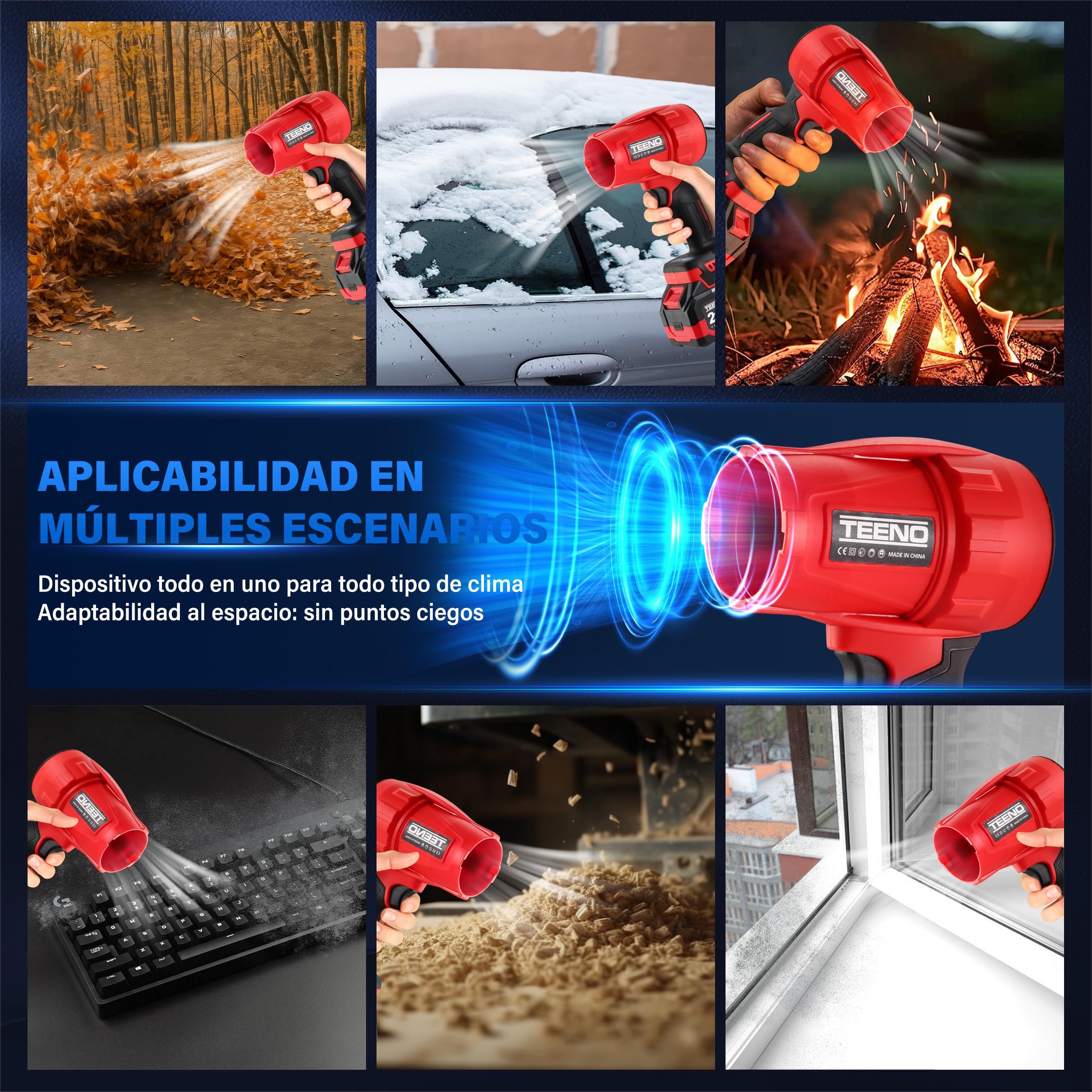 Soplador de hojas inalámbrico TEENO, 35000 RPM 2 x 6,0 Ah baterías, cargador y 3 boquillas incluidas, tres modos de velocidad, compatible con baterías Makita, ideal para terraza, callejones y jardín