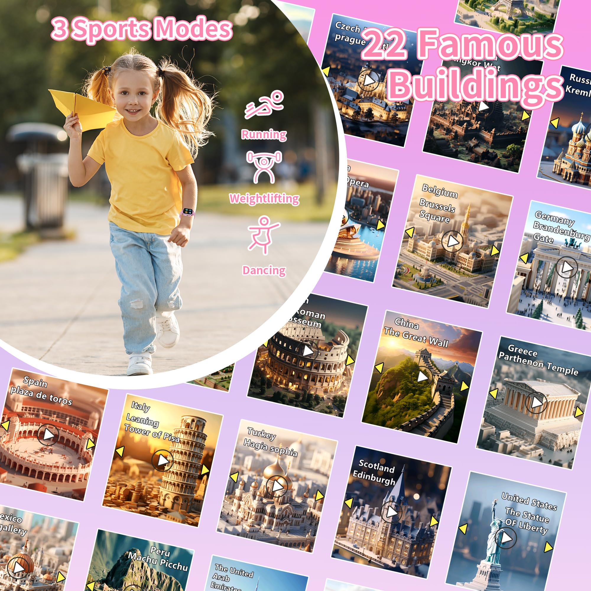 Orolog 32 Giochi Smartwatch Bambini,smartwatch bambina con 22 Sfondi animati,Fotocamera,3 Modalità Sportive,Sveglia,Audiobook,Imparare la carta,Musica,Contapassi,registratore,Regali per ragazze e raga