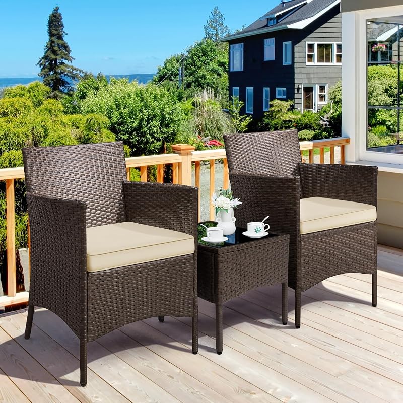 Yaheetech 3 Pieces Patio Porch Furniture Set, Outdoor PE Rattan Wicker Conversation Set with Soft Cushions, Glass Coffee Table & 2 Chairs for Garden/Deck/Courtyard/Poolside, Brown/Khaki image 2